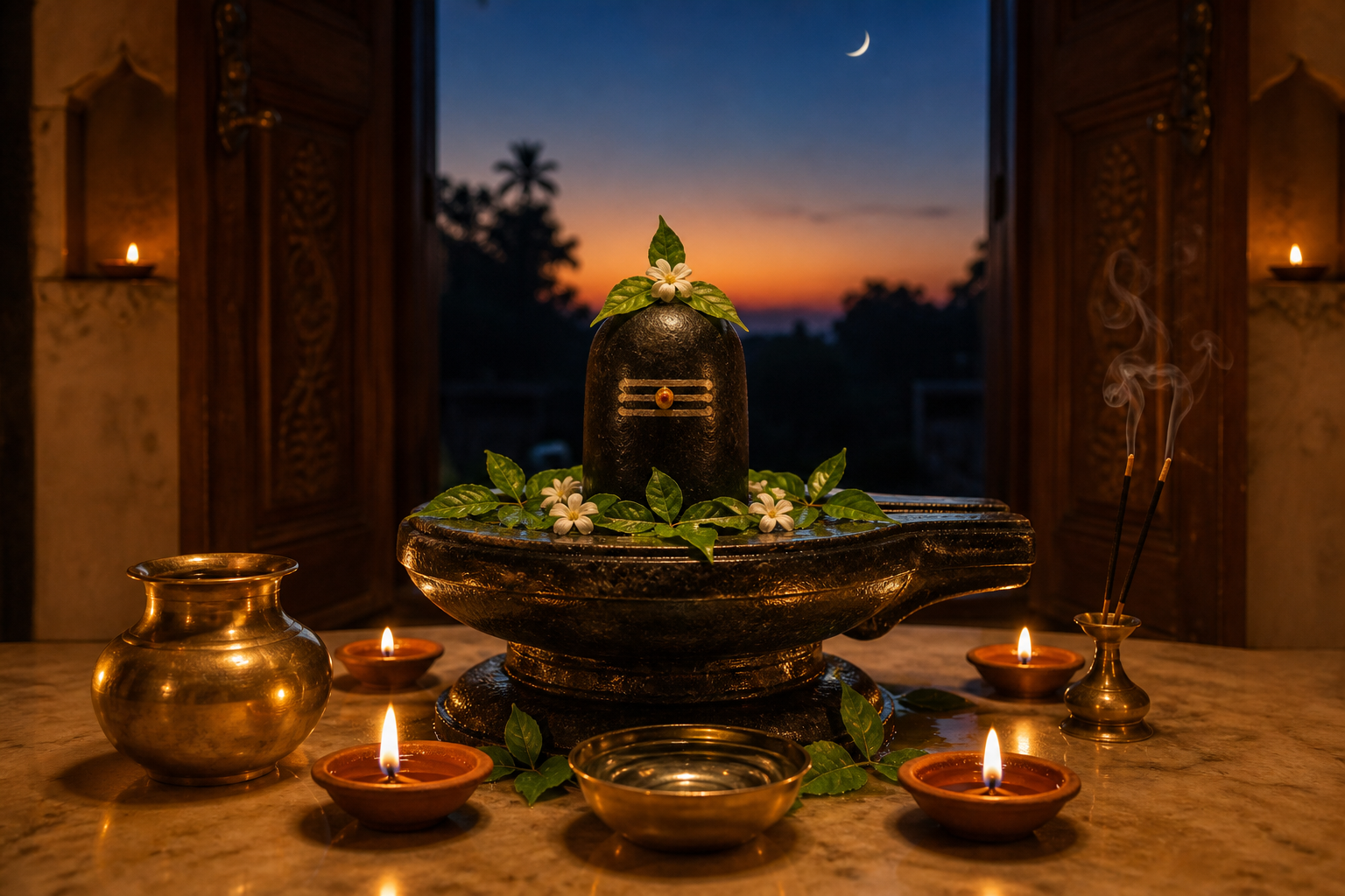 A Shiva lingam decorated with bilva leaves and flowers for Pradosh puja at twilight.