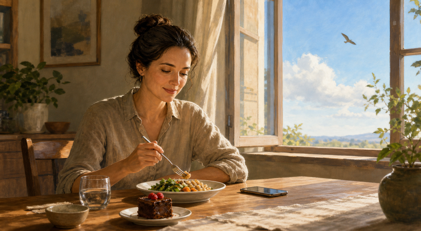 A relaxed person makes a deliberate choice at a table with a simple meal, dessert, and a face-down phone near an open window.