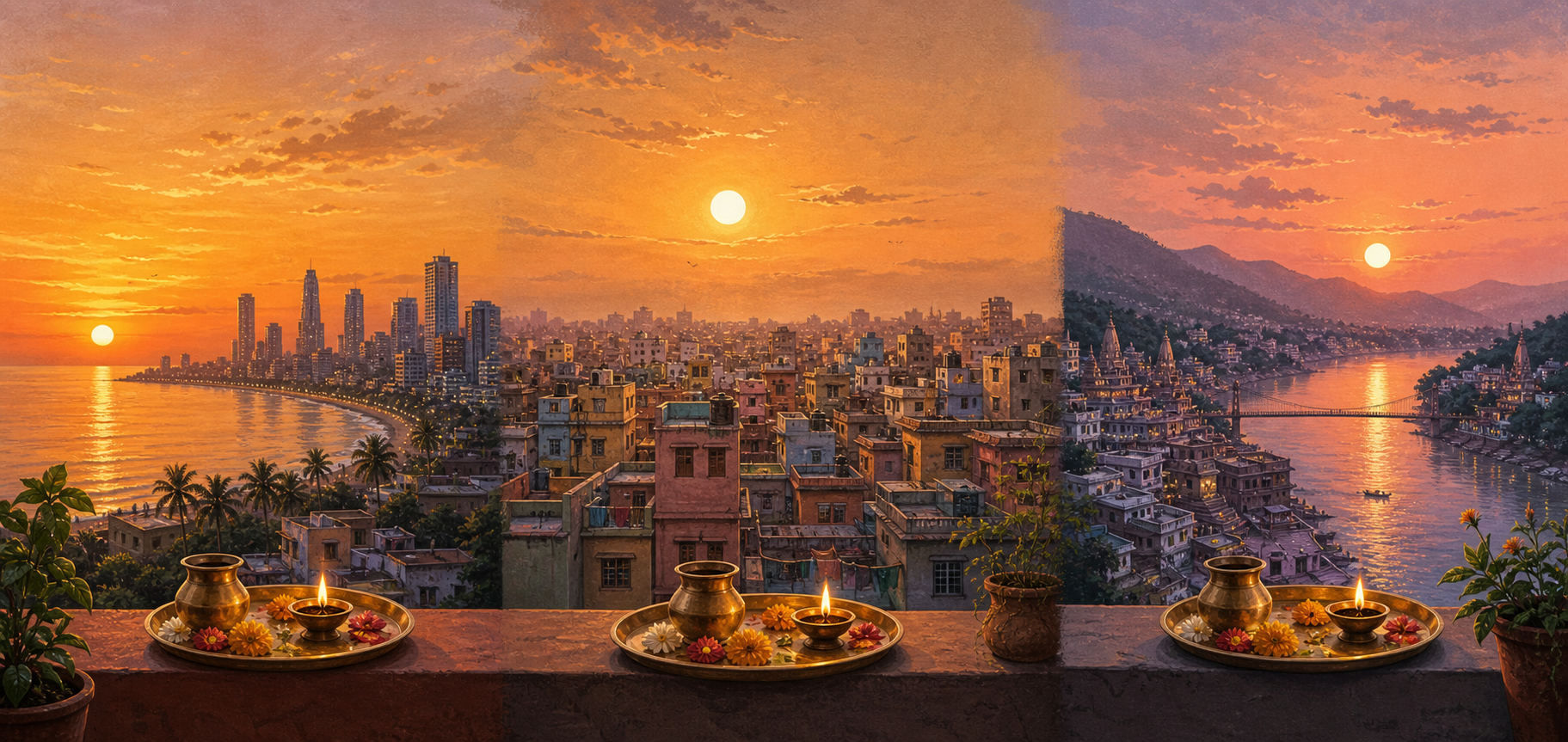 Three different Indian city settings shown at slightly different stages of sunset, each with a puja tray on a terrace.