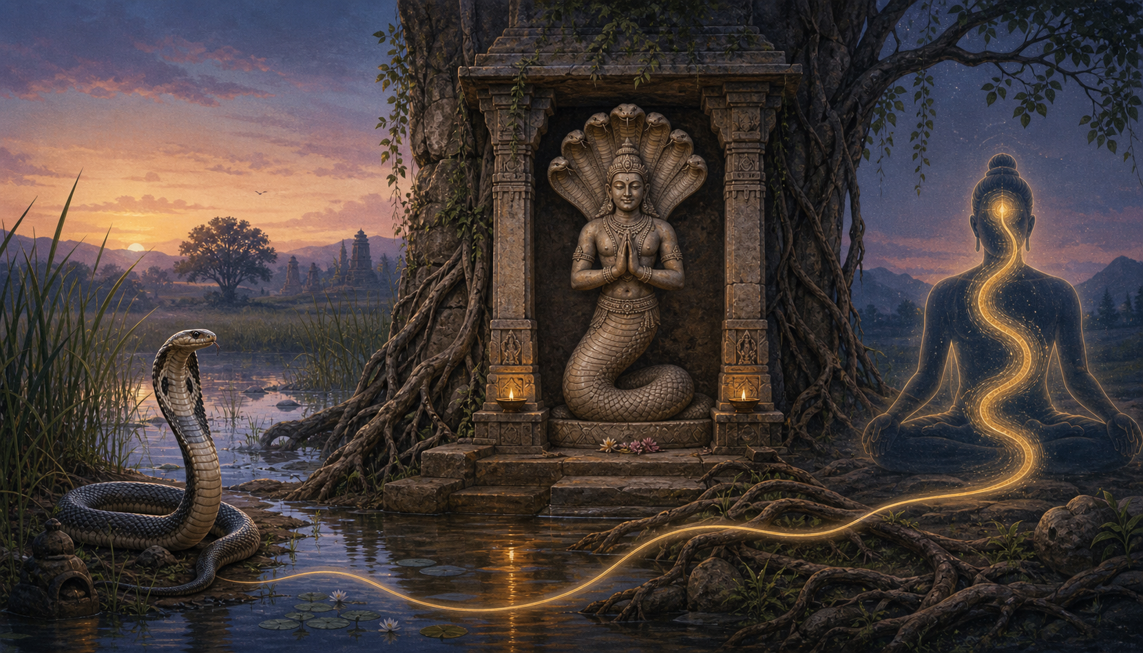 A living cobra by water, a carved Naga guardian at a shrine, and a meditating figure with a subtle serpent-shaped current of light.