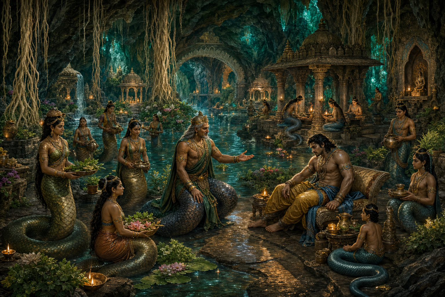 Naga inhabitants welcome the recovering Bhima into a peaceful underground sanctuary with a river, lotus pools, medicinal plants, stone pavilions, and warm lamps.