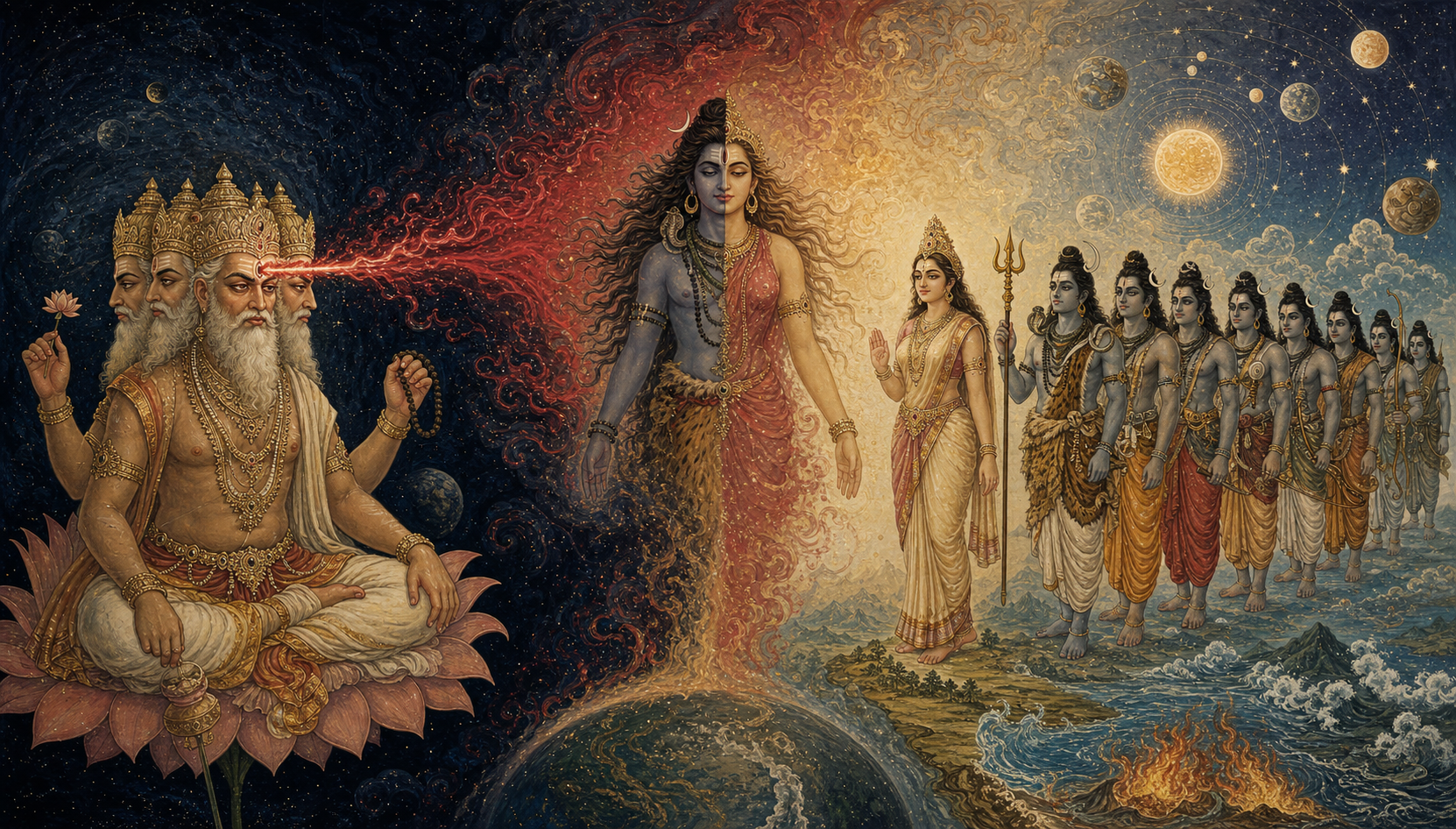A powerful androgynous Rudra emerges from Brahma's brow and differentiates into female and multiple male manifestations.