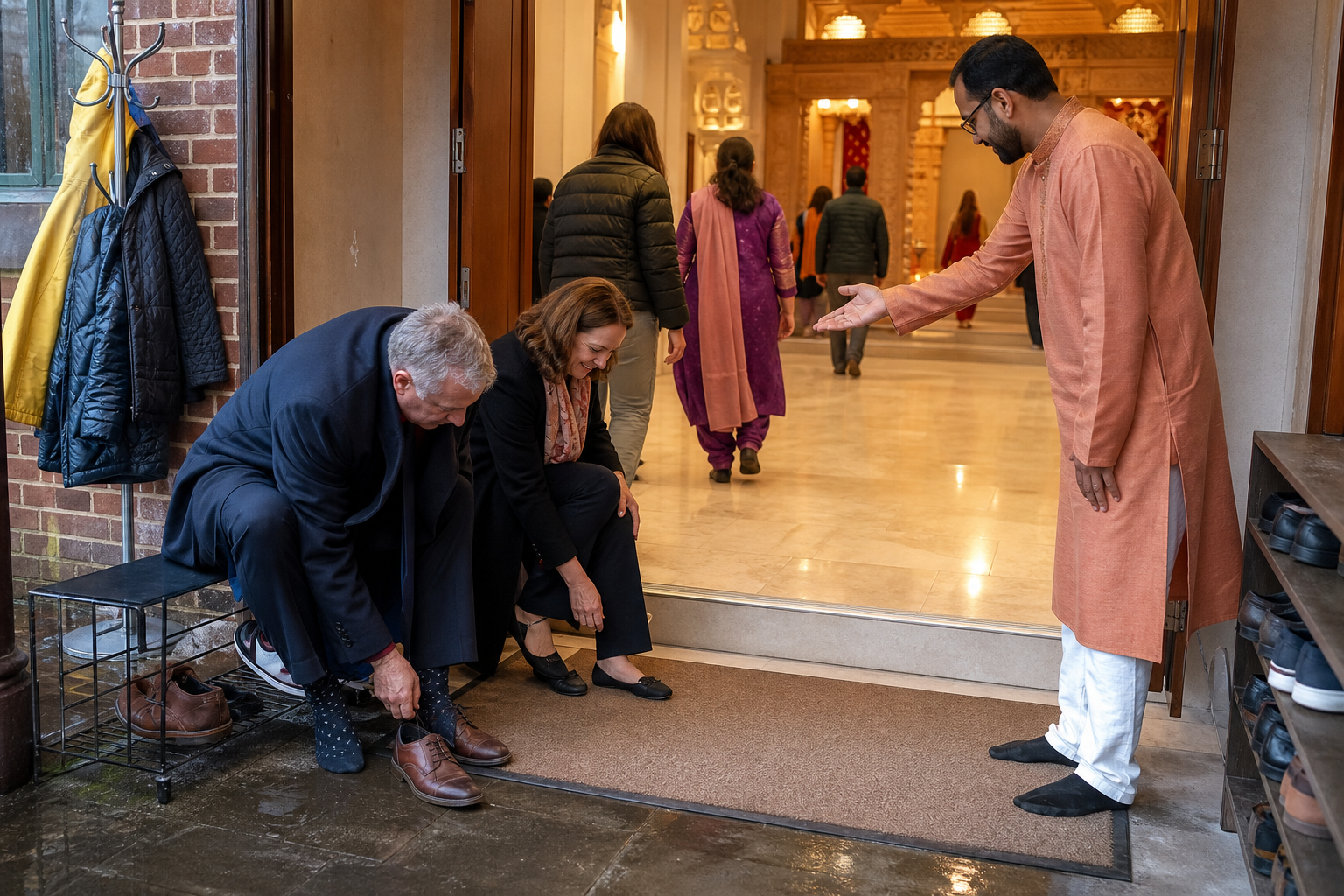 Visitors remove their shoes with guidance from a volunteer at the entrance to a Hindu temple.