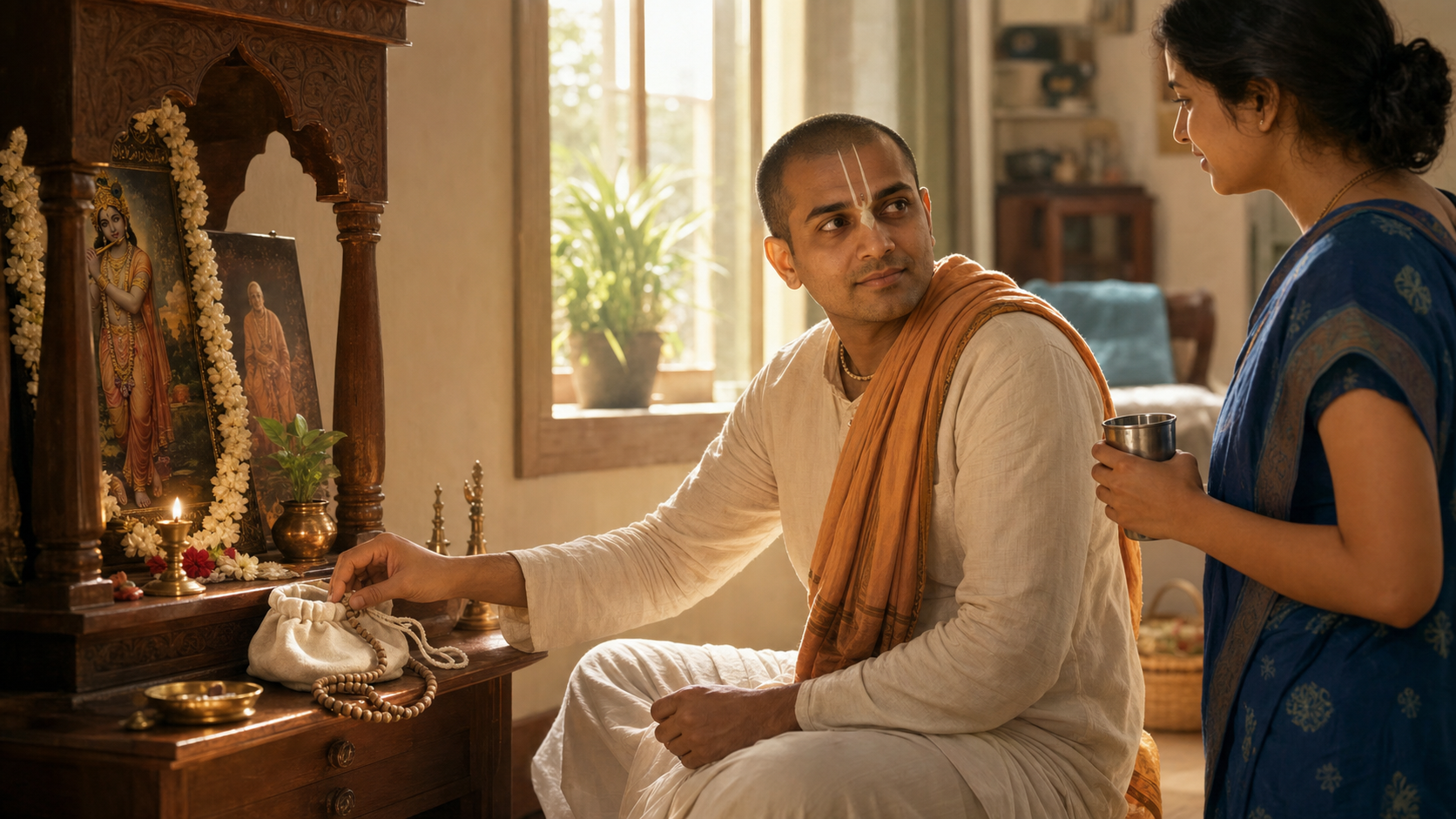 A Vaishnava practitioner turns calmly toward a family member after placing japa beads beside a small home shrine.