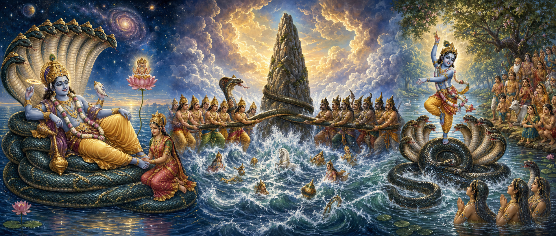 Three connected mythic scenes show Vishnu resting on Ananta, the ocean being churned with Vasuki, and Krishna subduing Kaliya in the Yamuna.