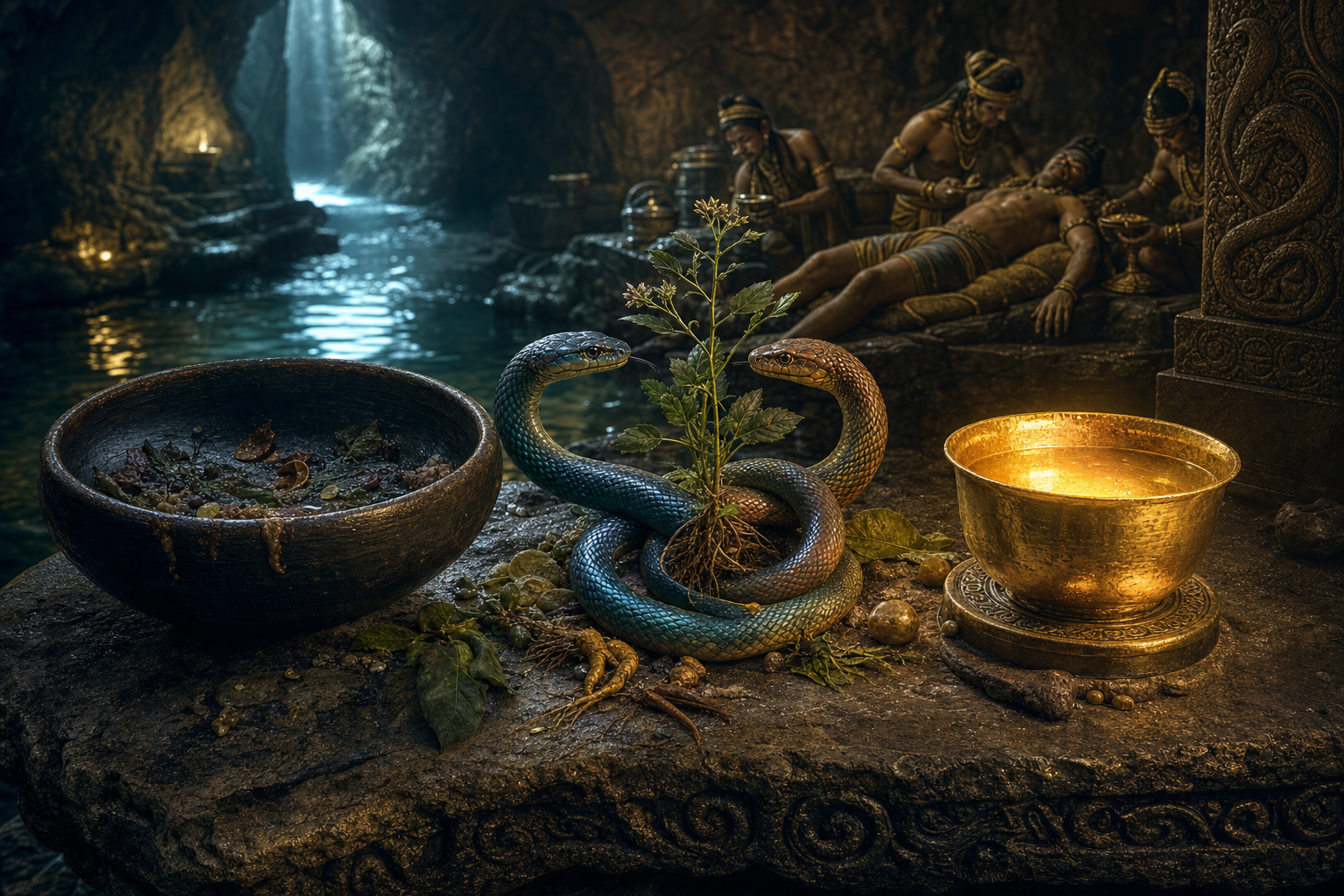 A dark bowl from the poisoned feast and a glowing golden restorative cup sit on a stone table between intertwined serpents and a medicinal plant, while naga healers tend Bhima in the background.
