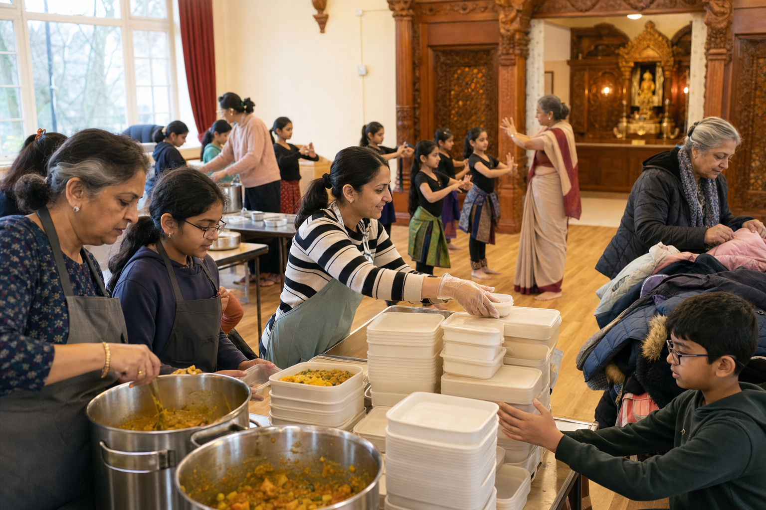 Temple volunteers prepare vegetarian meals while children attend a cultural class and donated coats are sorted nearby.