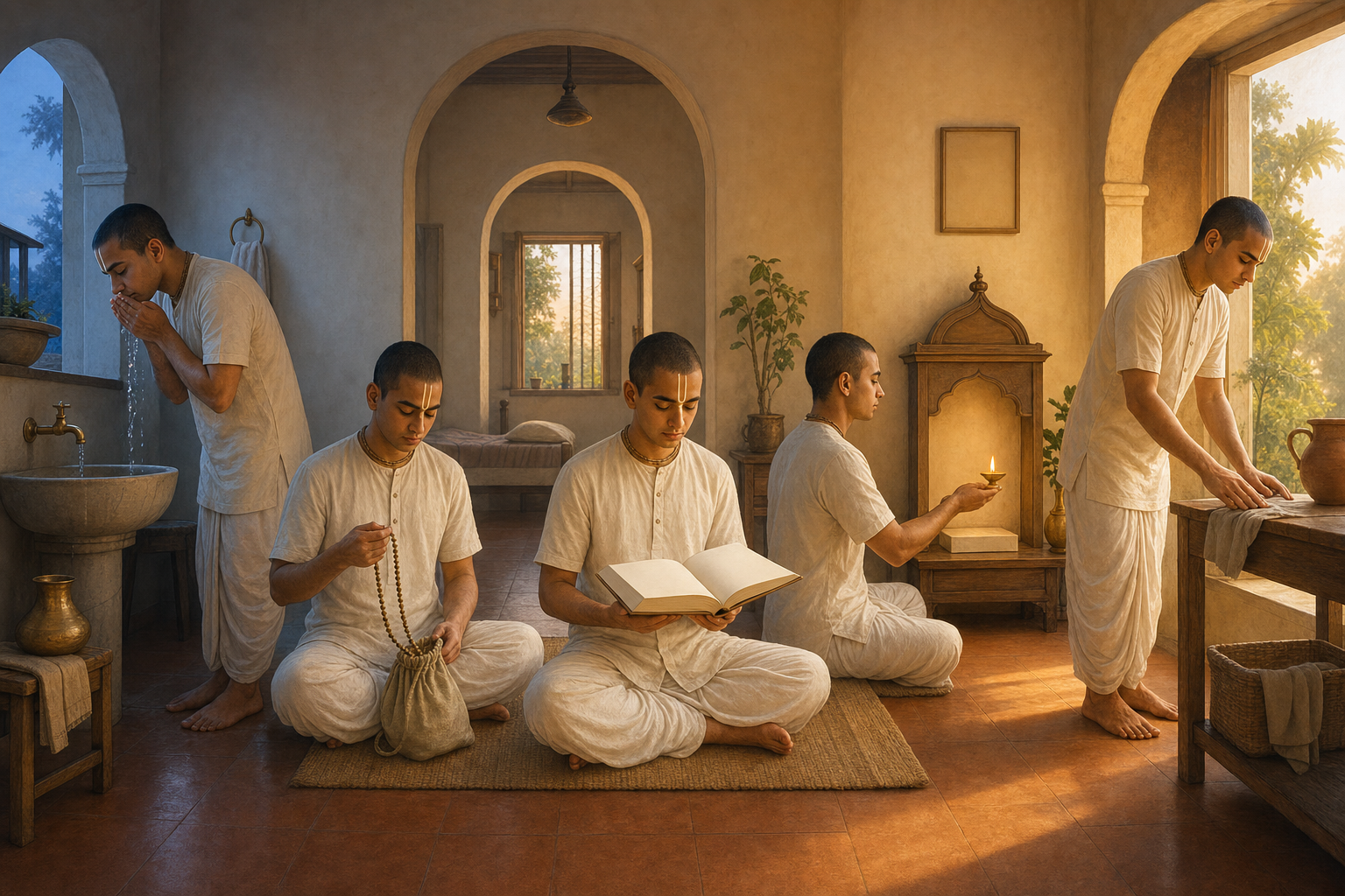 A Vaishnava practitioner moves through washing, japa, sacred reading, lamp offering, and a household duty at dawn.