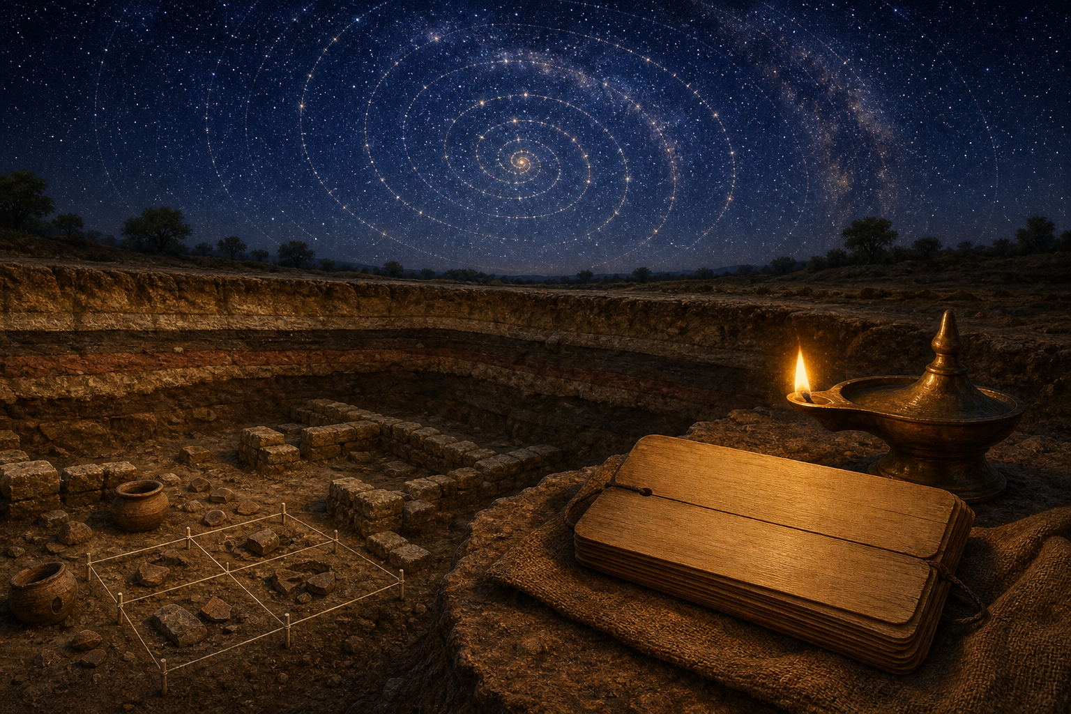 An archaeological trench with pottery and stone remains lies beneath a spiral night sky, with a blank palm-leaf manuscript and oil lamp nearby.