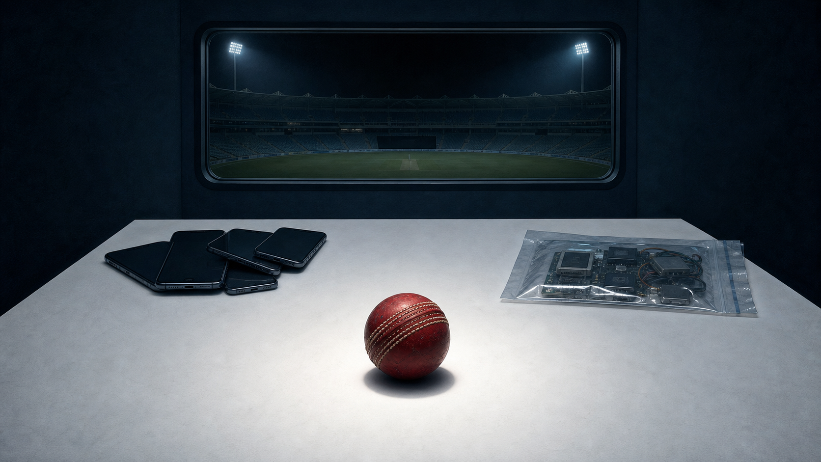 A red cricket ball on an evidence table beside anonymous phones and sealed electronic components, with an empty stadium in the background.