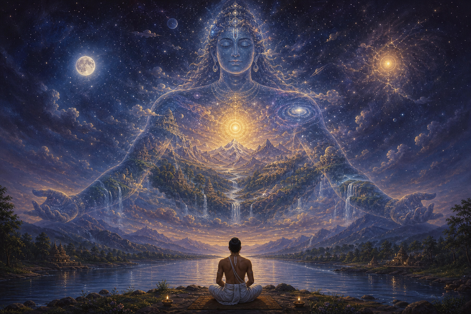 A seated Vaishnava meditator faces a luminous cosmic human form containing stars, mountains, rivers, the sun, and the moon.
