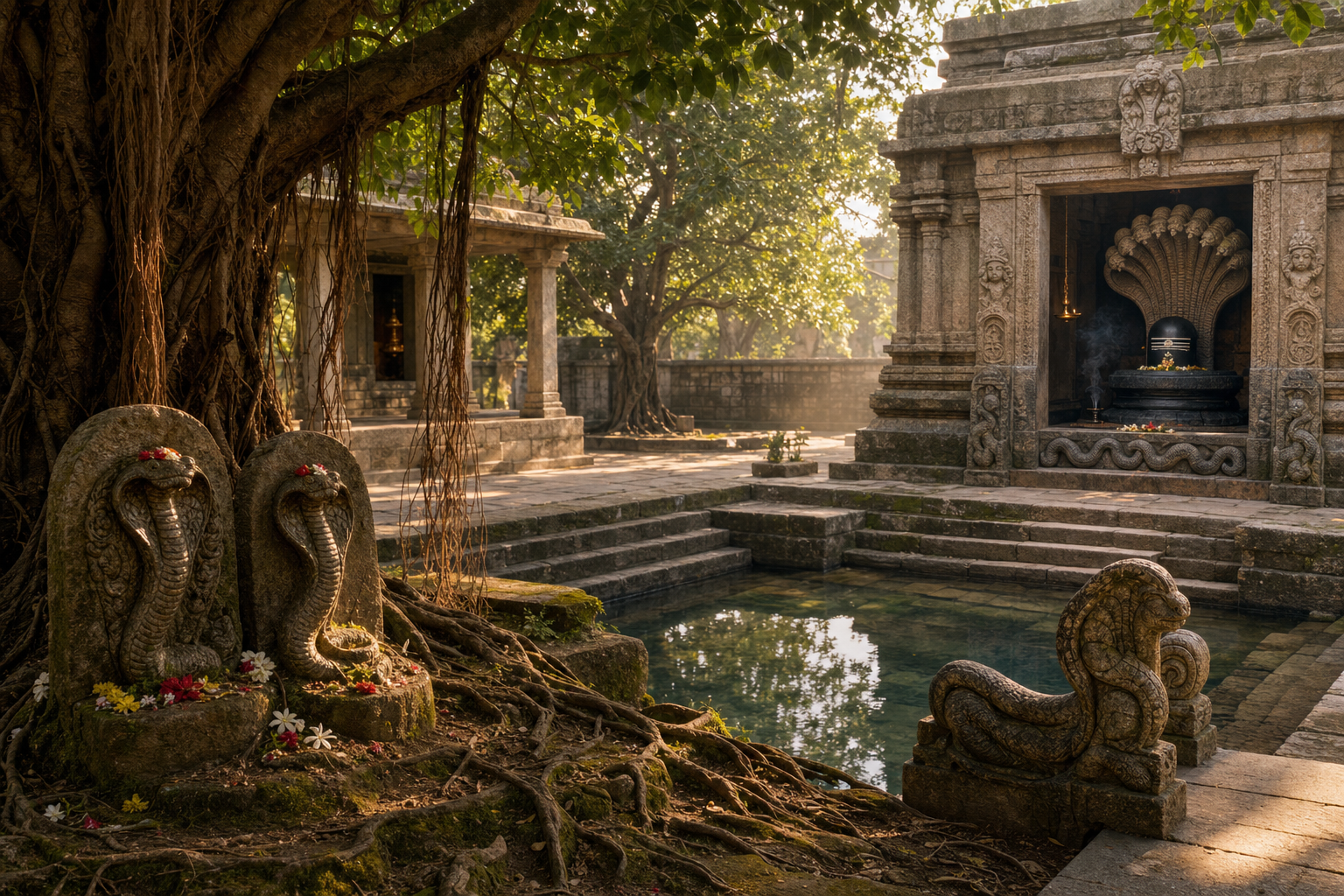 Stone cobra icons appear beneath sacred trees, beside temple-tank steps, above a Shiva linga, and at a sanctuary doorway.
