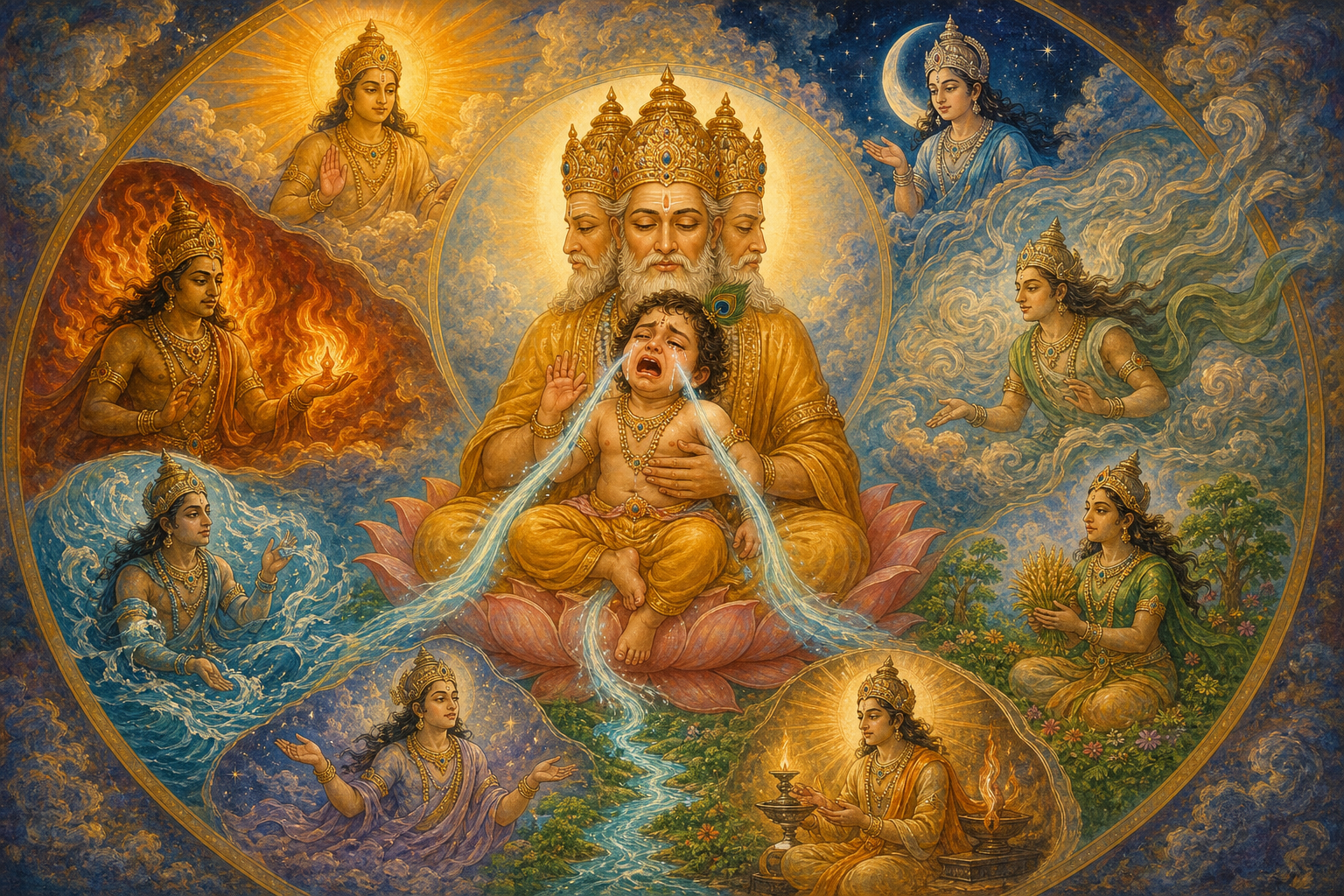 A crying divine child rests on Brahma's lap while eight manifestations appear among elemental and celestial settings.