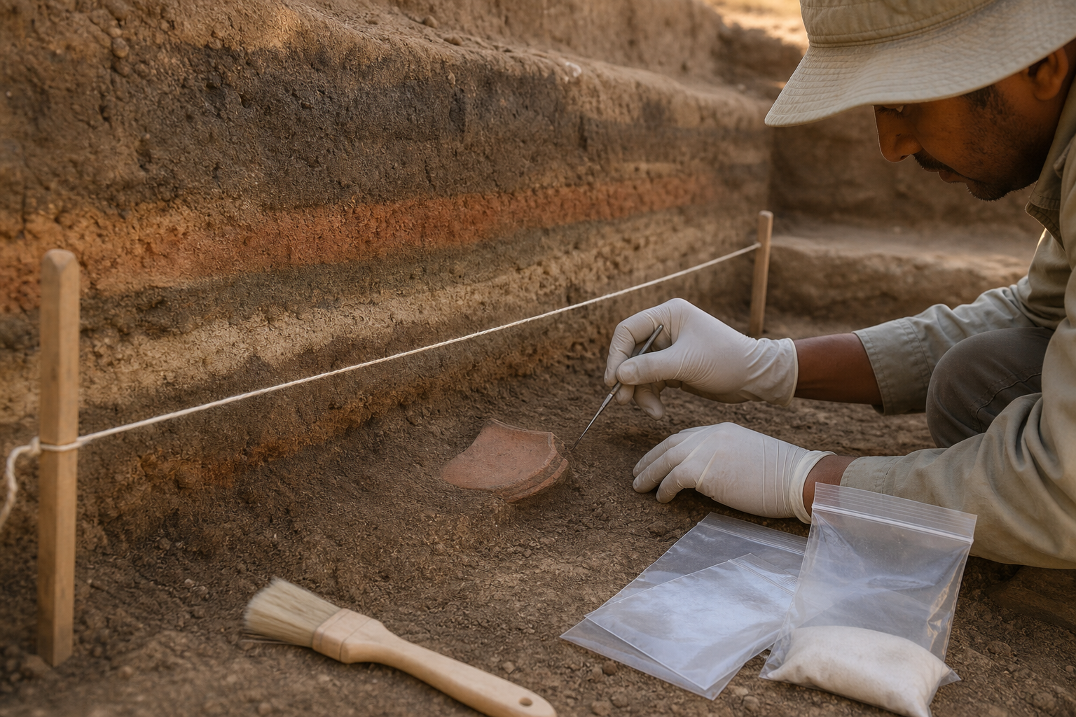 Gloved hands document a pottery fragment within a layered excavation trench beside grid stakes, a brush, and blank sample bags.