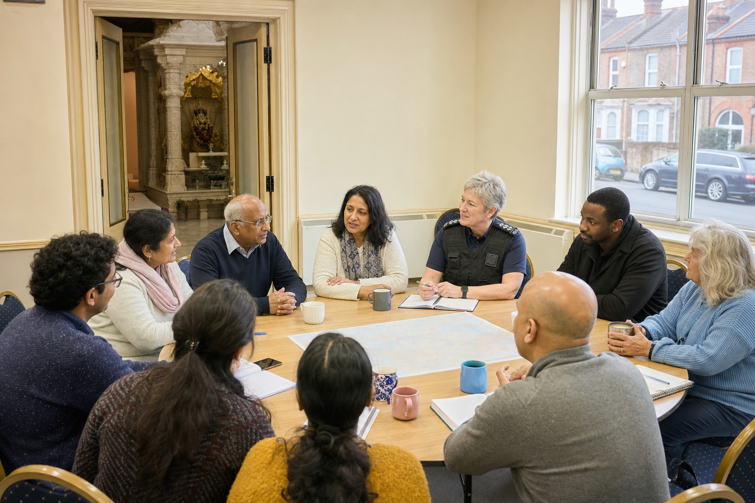 Temple trustees meet with local civic representatives and a neighbour around a table in a mandir meeting room.