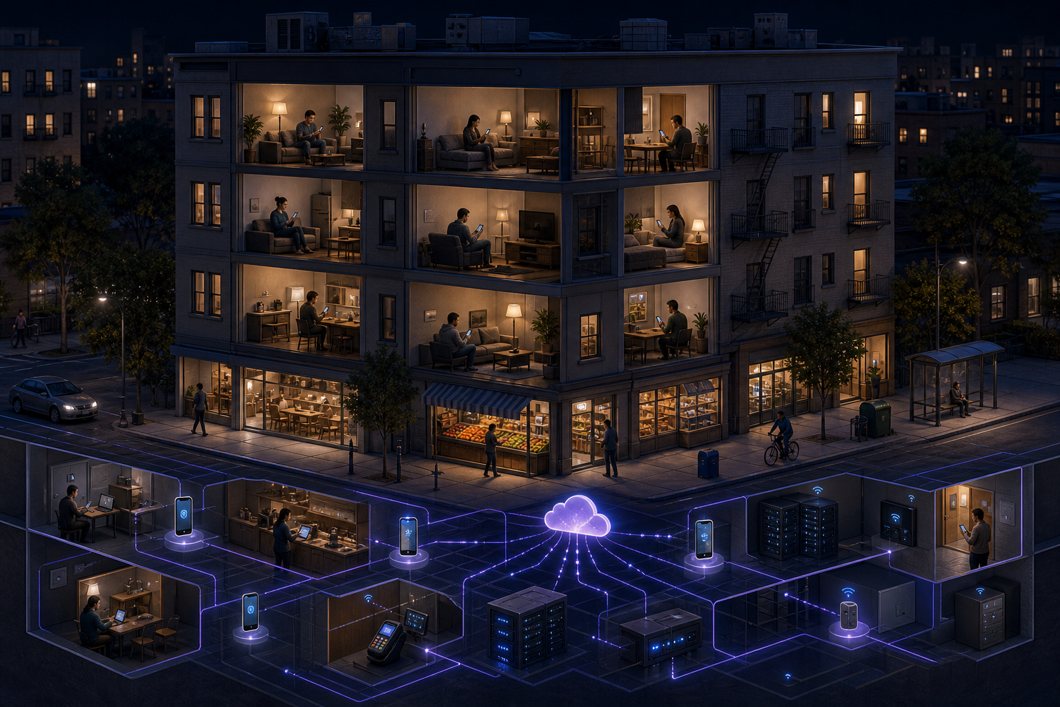 A cutaway view of homes and storefronts connected through hidden digital paths linking phones, payment devices, and servers.