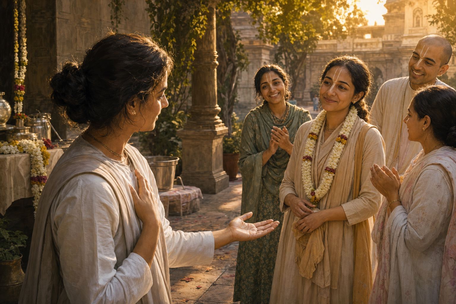 A Vaishnava practitioner pauses and offers congratulations as another community member is honored in a temple courtyard.