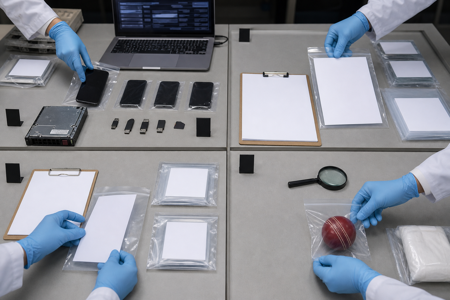 Gloved investigators organize sealed phones, storage devices, blank records, and a cricket ball into separate evidence areas.