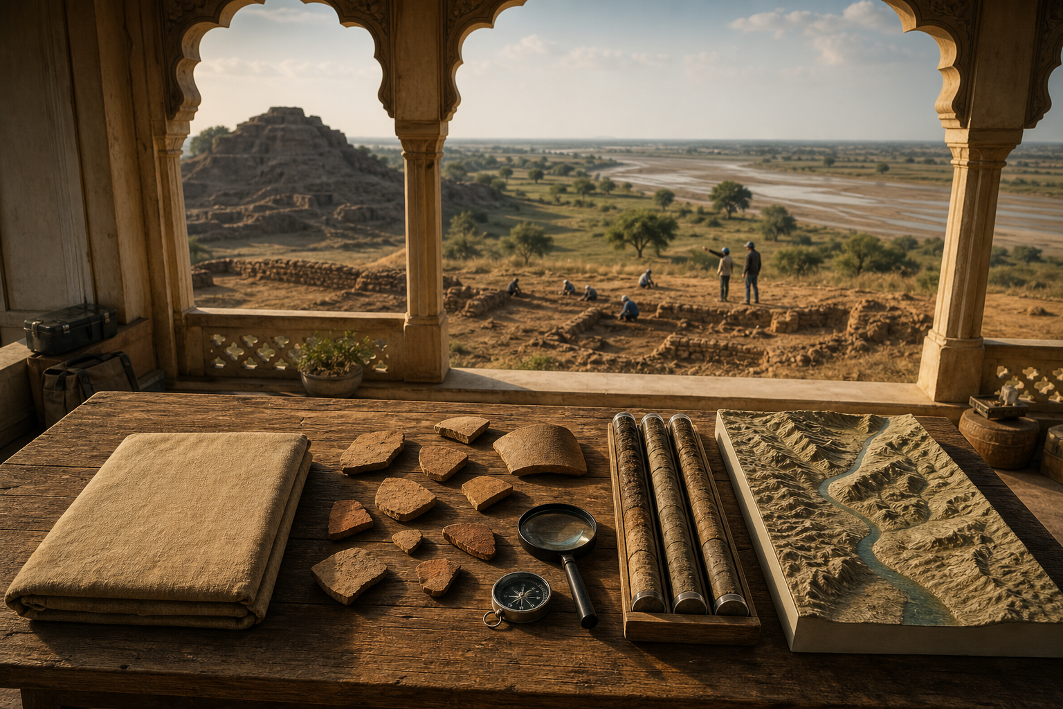 Research materials including a wrapped manuscript, pottery, sediment cores, and a river-plain model sit before researchers surveying an ancient mound.
