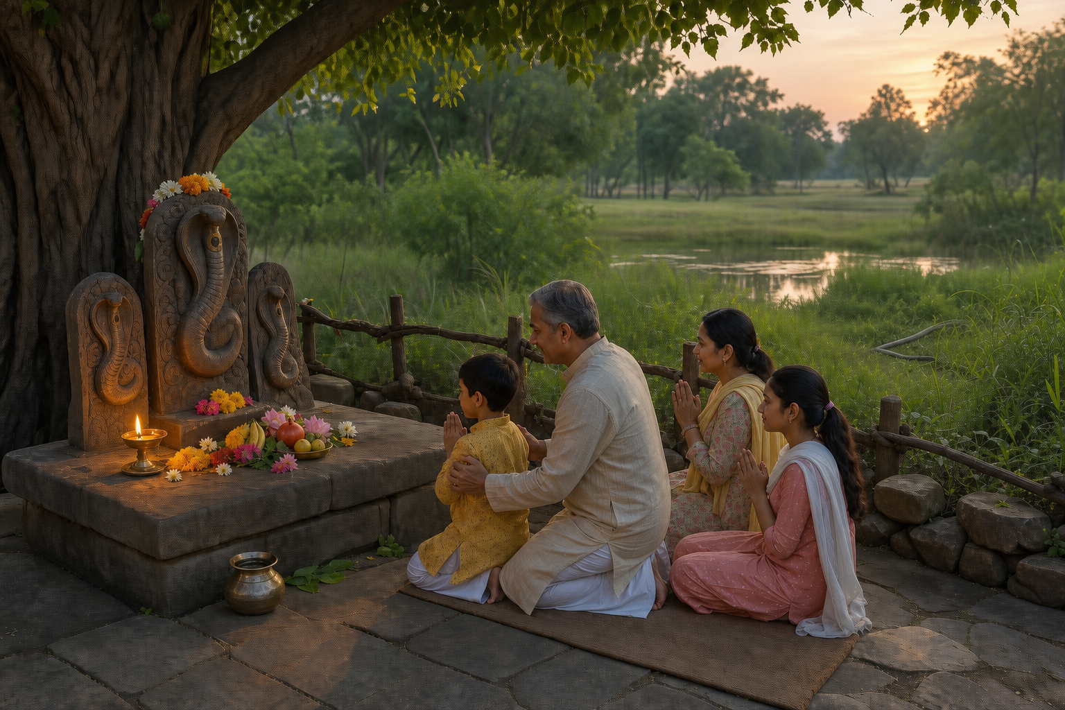 A family offers flowers and a lamp to carved Naga stones while a living cobra remains undisturbed in protected grass near a pond.