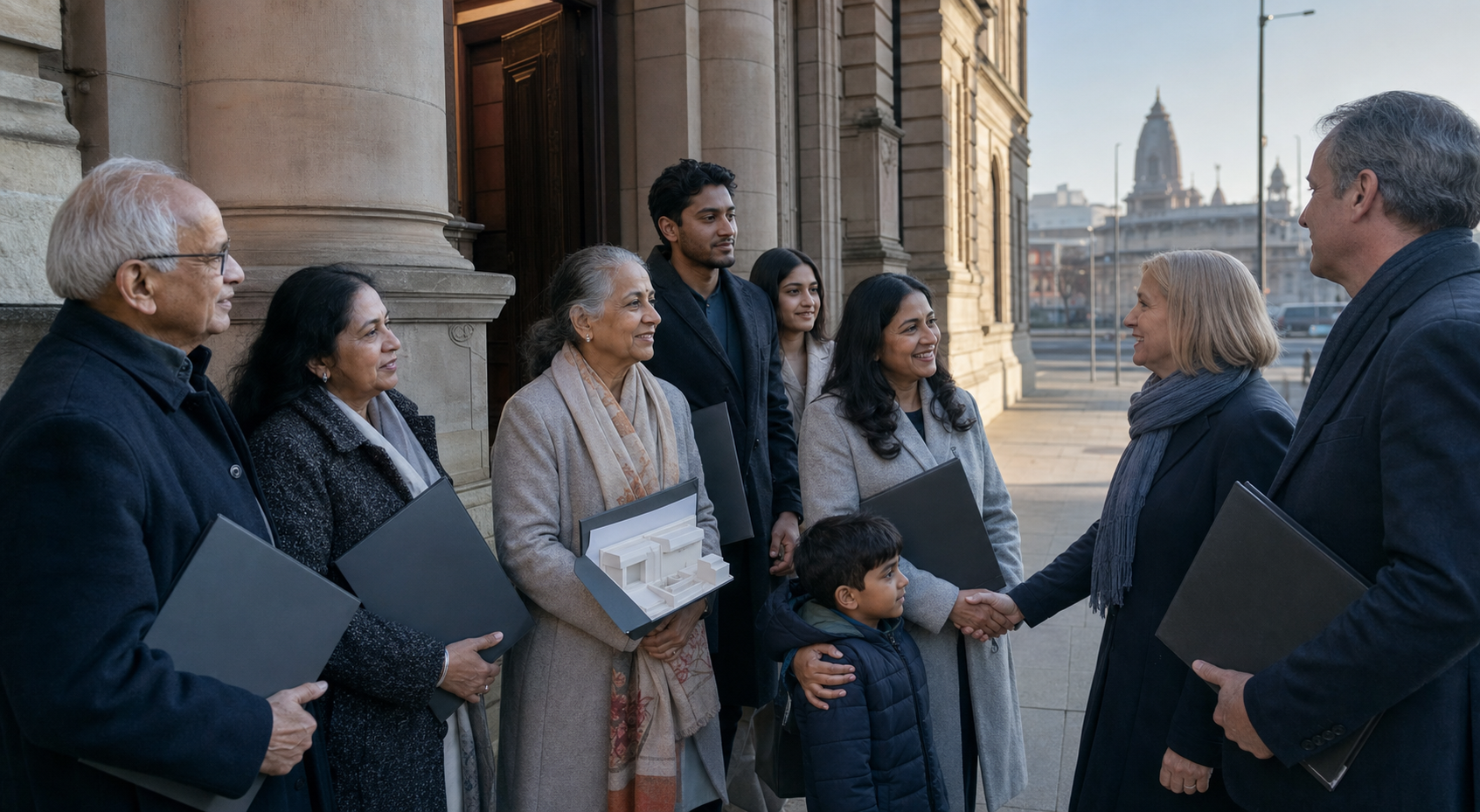Temple trustees and community members carry document folders as they arrive at a British civic building for a formal meeting.