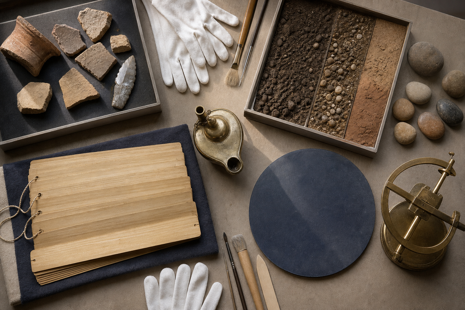 An overhead research table holds pottery, a stone tool, sediment samples, a blank palm-leaf manuscript, an oil lamp, and astronomical instruments.