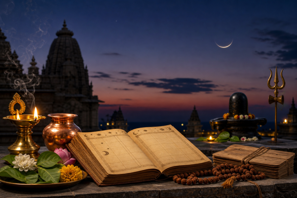 Hindu Panchang altar with diya, crescent moon, Shiva lingam and trident at twilight