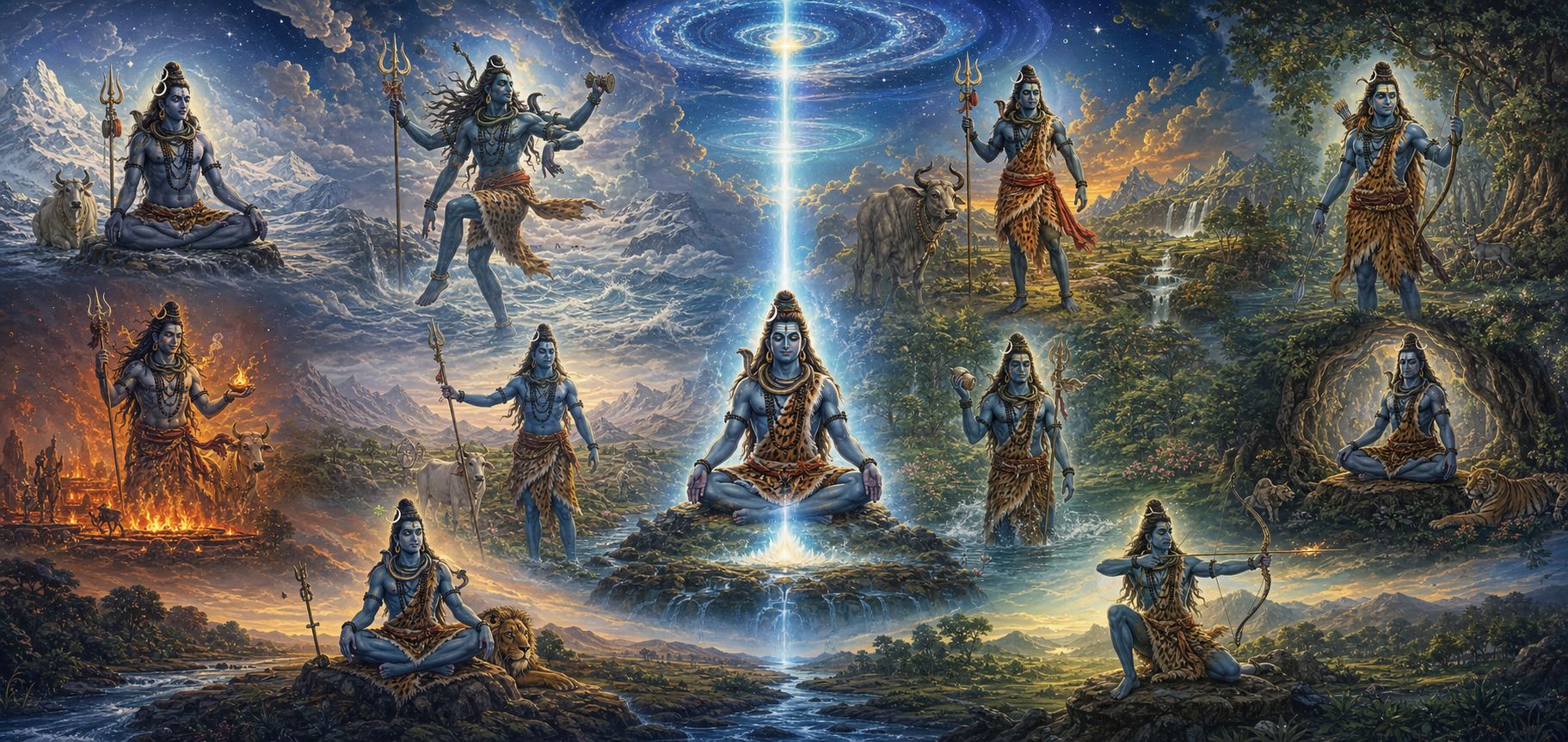 Eleven varied forms of Rudra appear across mountains, rivers, fire, storms, animals, stars, and a place of meditation.