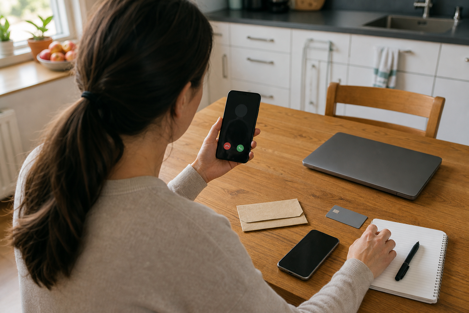 A person at a kitchen table steps back from a bank card while documenting an unsolicited phone call on an unbranded device.