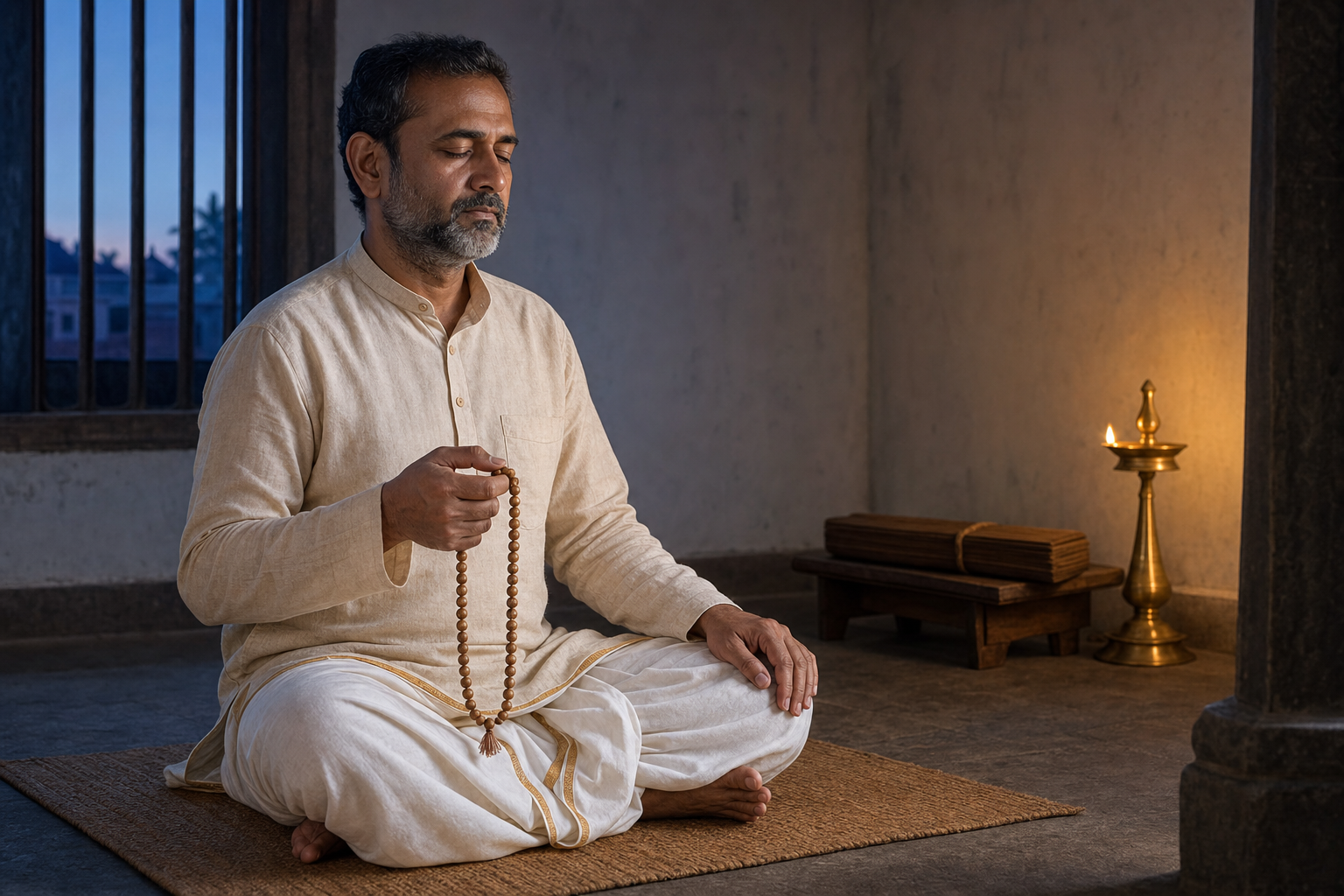 A seated practitioner advances a wooden prayer bead beside an oil lamp and a closed palm-leaf manuscript before dawn.