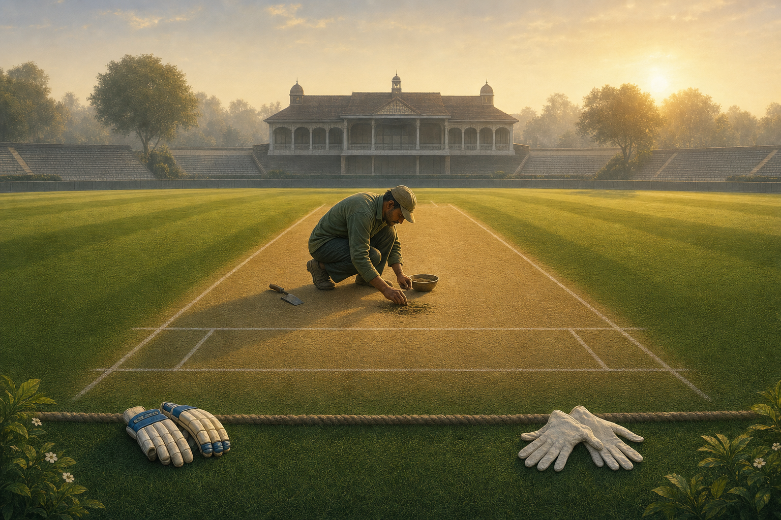 A groundskeeper repairs a cricket pitch at dawn while sporting and evidence-handling gloves rest separately near the boundary.