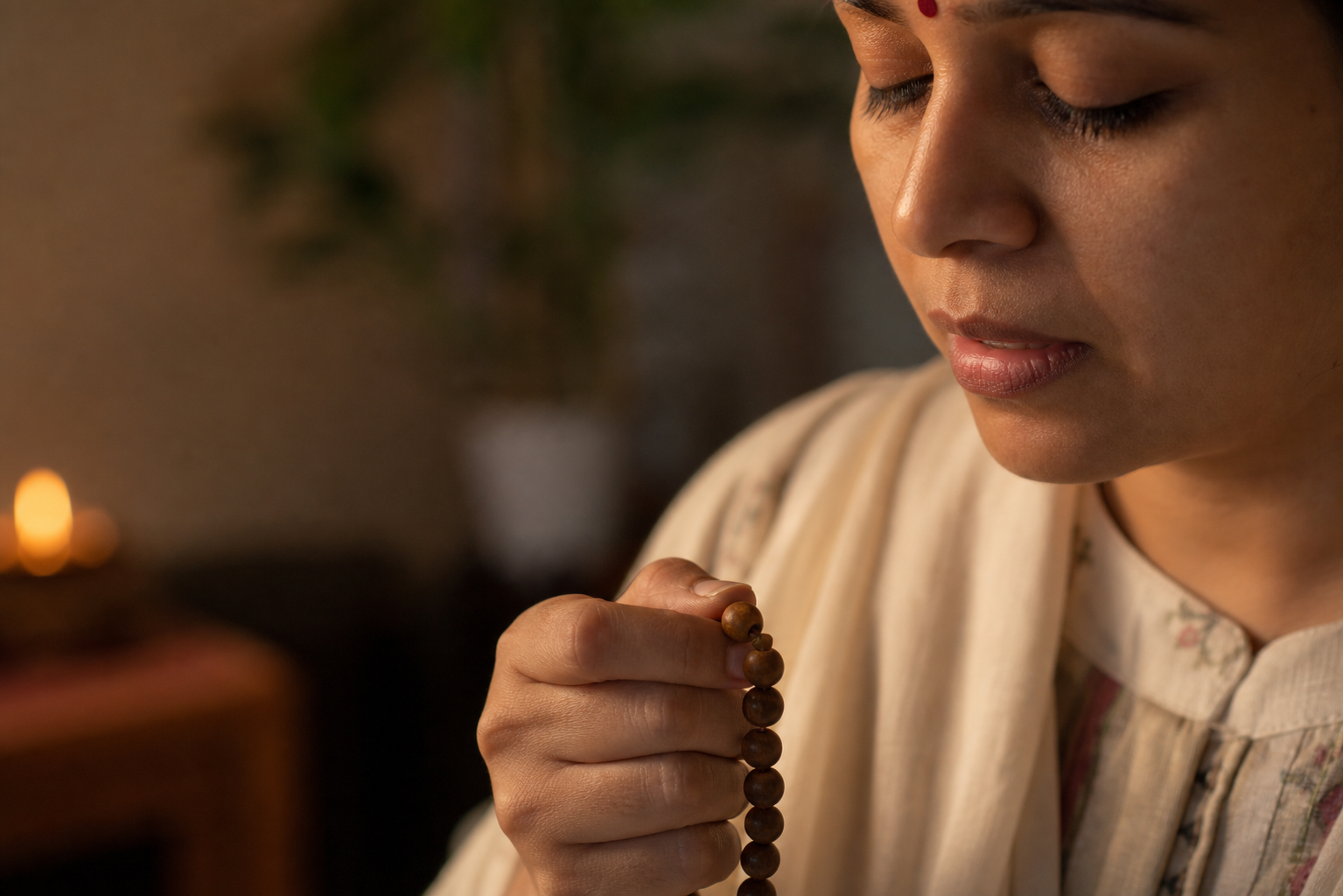 Close view of a practitioner quietly reciting while holding one wooden prayer bead between the thumb and finger.