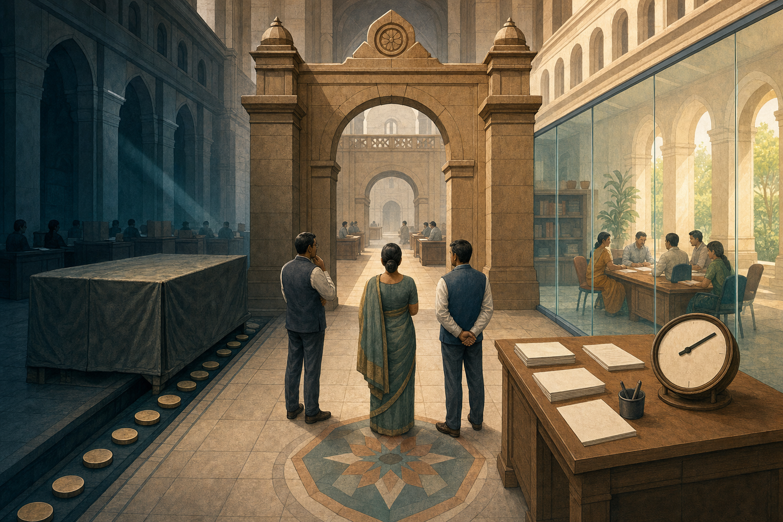 A divided regulatory hall shows concealed coins moving through a hidden channel on one side and a transparent community office with blank forms and a clock on the other.