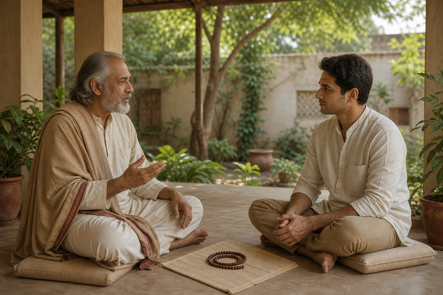 A teacher speaks with an attentive adult student while a coiled prayer mala rests on a cloth between them.