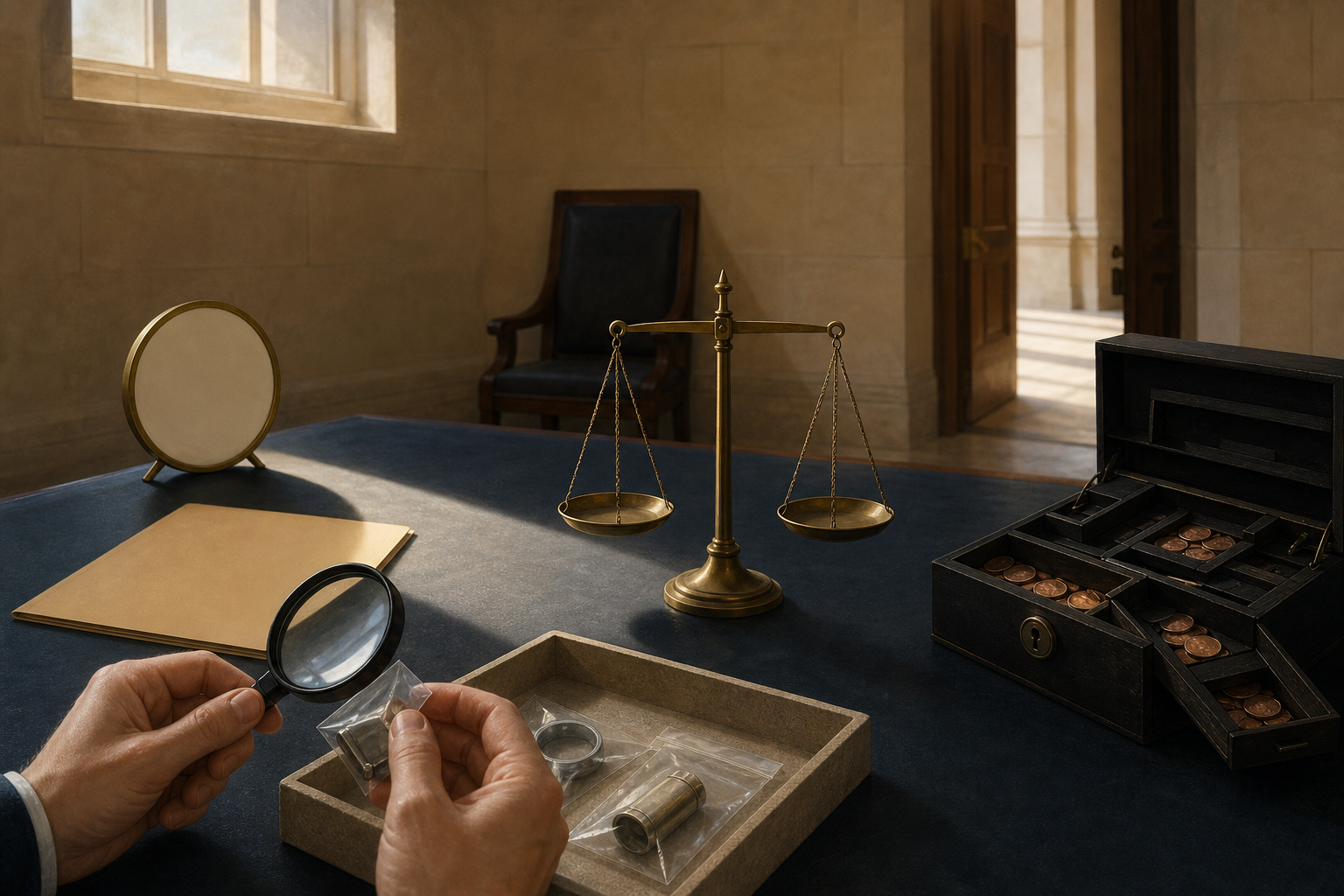 A legal review table separates a late unmarked file near a clock from a locked case with hidden coins while evidence is examined beside balanced scales.