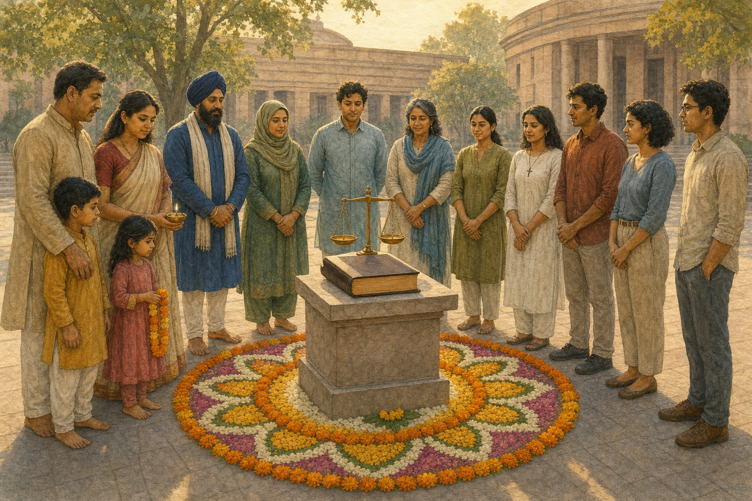 A diverse group of Indian citizens gathers in a civic courtyard around an unmarked constitutional volume, balanced scales, a diya, and a floral circular pattern.