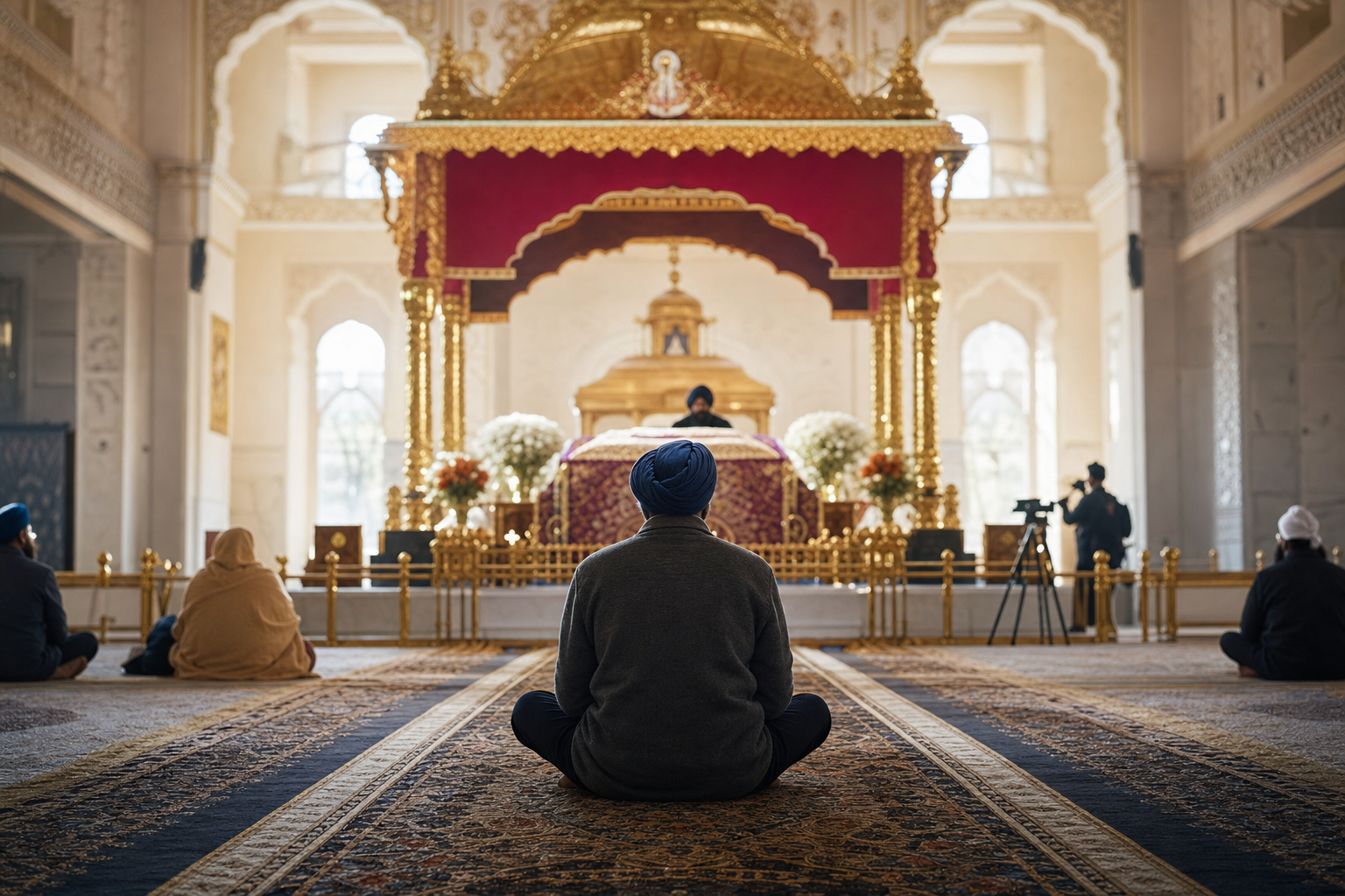 A turbaned Sikh worshipper sits with the congregation facing Sri Guru Granth Sahib beneath a canopy in a softly lit gurdwara.
