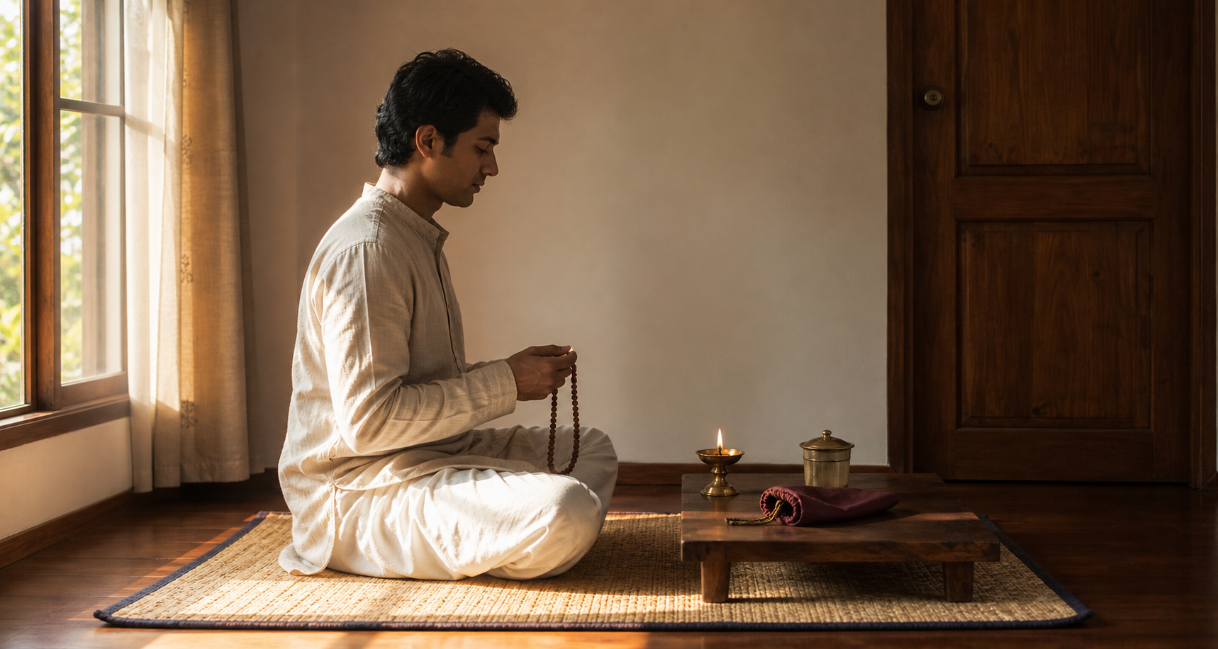 A practitioner begins japa in an uncluttered dawn prayer corner with a mat, lamp, water, and mala pouch prepared nearby.