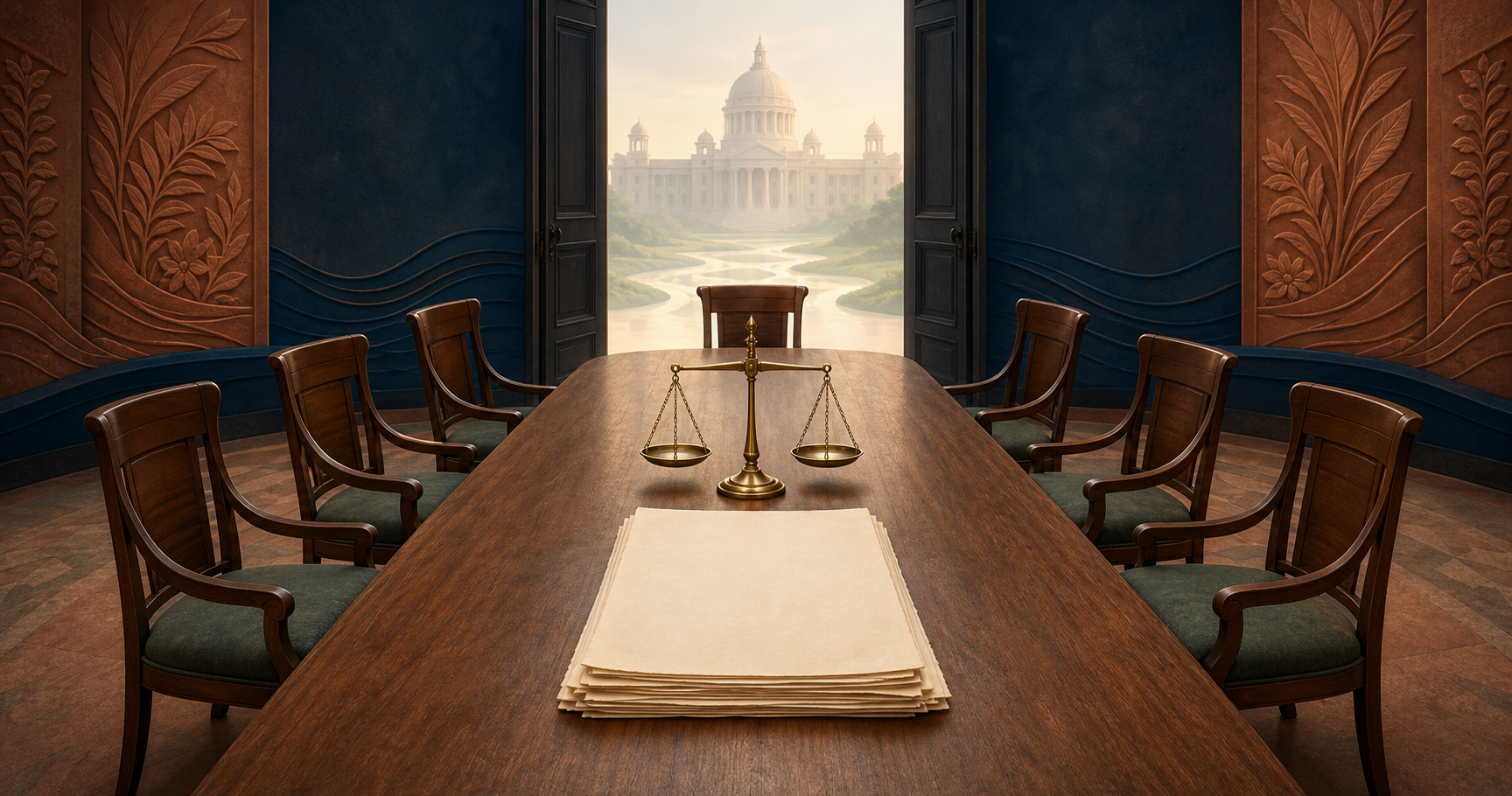 An unmarked draft document and brass scales sit on a committee table surrounded by nine empty chairs, with a legislative building visible beyond open doors.