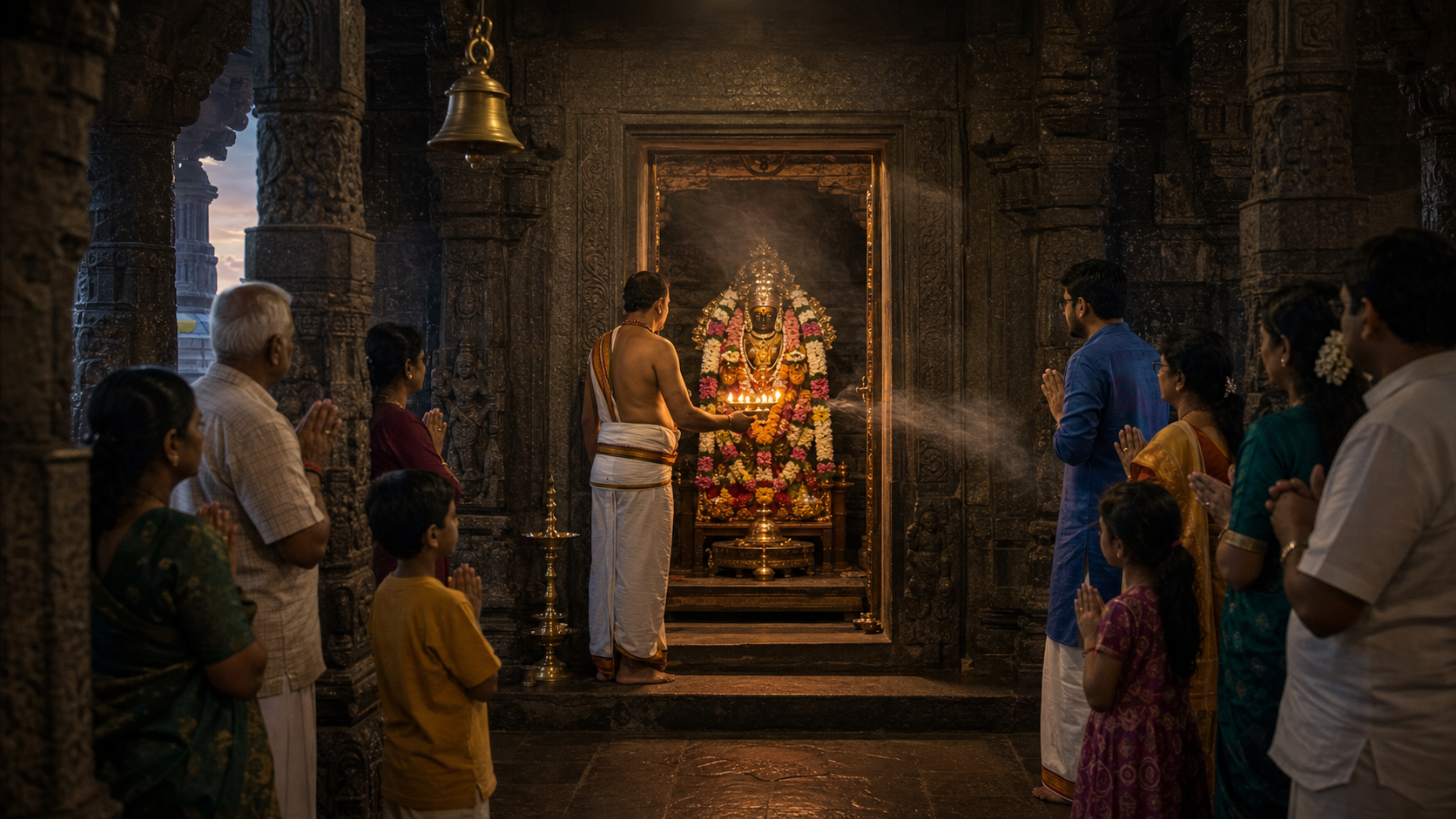 A priest waves a multi-wick brass lamp before a flower-garlanded murti while devotees watch inside a pillared stone temple.