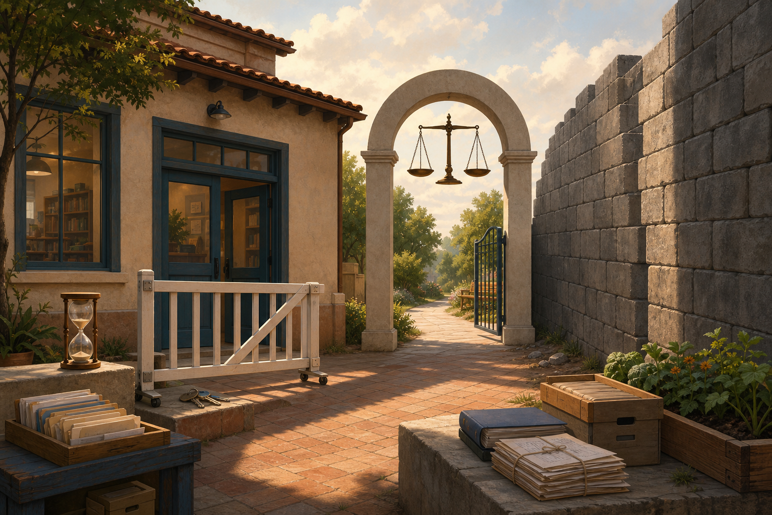 A community building faces a removable barrier with an hourglass on one side and a permanent stone wall separating it from keys and records on the other.