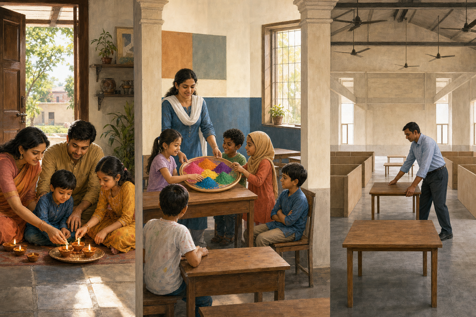 Three connected scenes show a family lighting diyas at home, an optional Holi activity in a diverse classroom, and a public official preparing equal spaces for community groups.