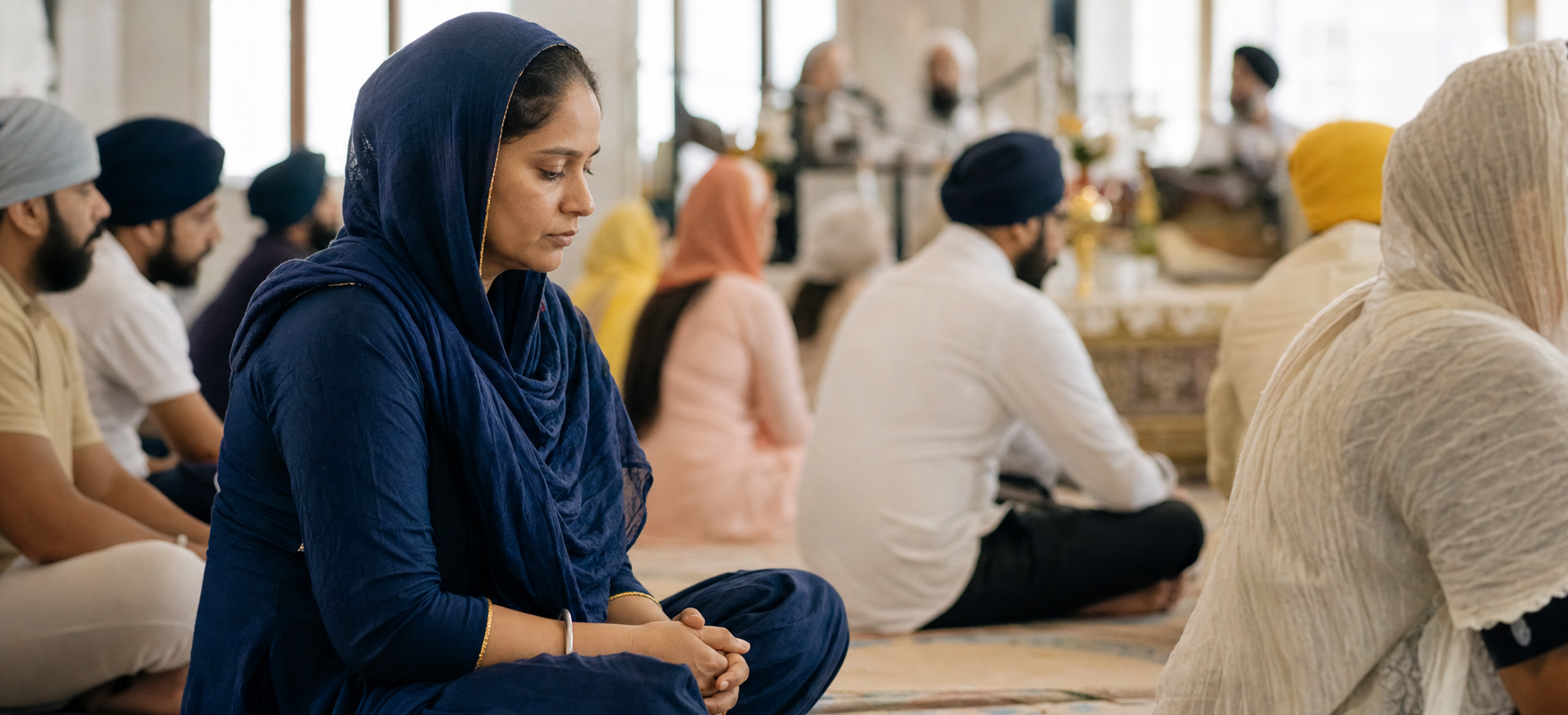 A Sikh worshipper with a covered head sits attentively among the congregation in a gurdwara prayer hall.