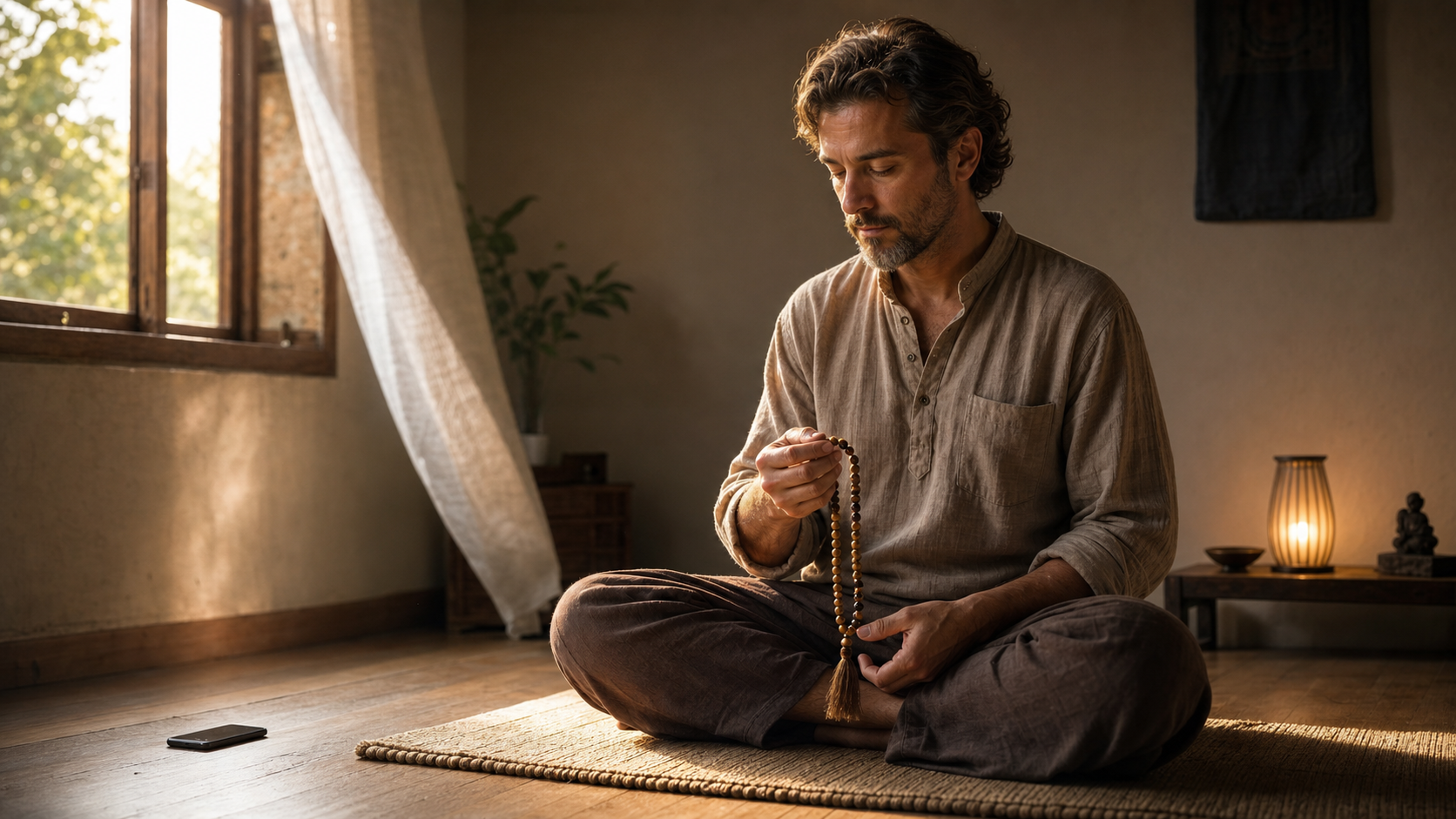 A seated practitioner pauses on a prayer bead and regains a calm posture while a face-down phone remains outside the practice space.