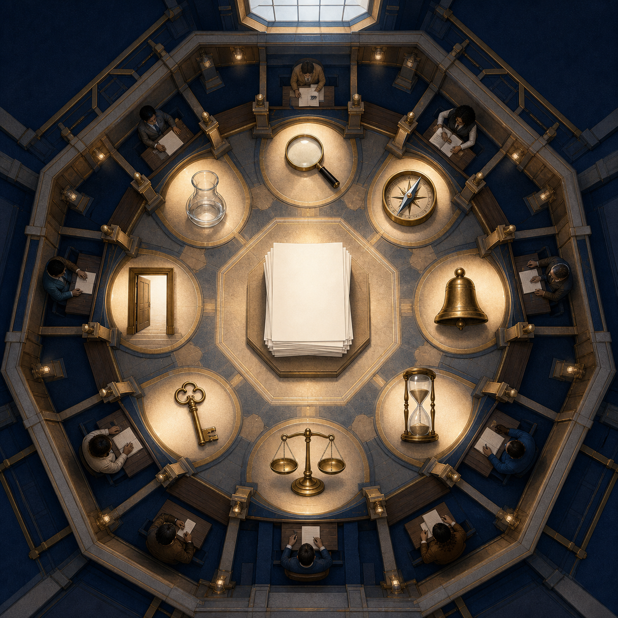 An octagonal review chamber has eight illuminated alcoves with legal-review objects surrounding blank draft pages at the center.