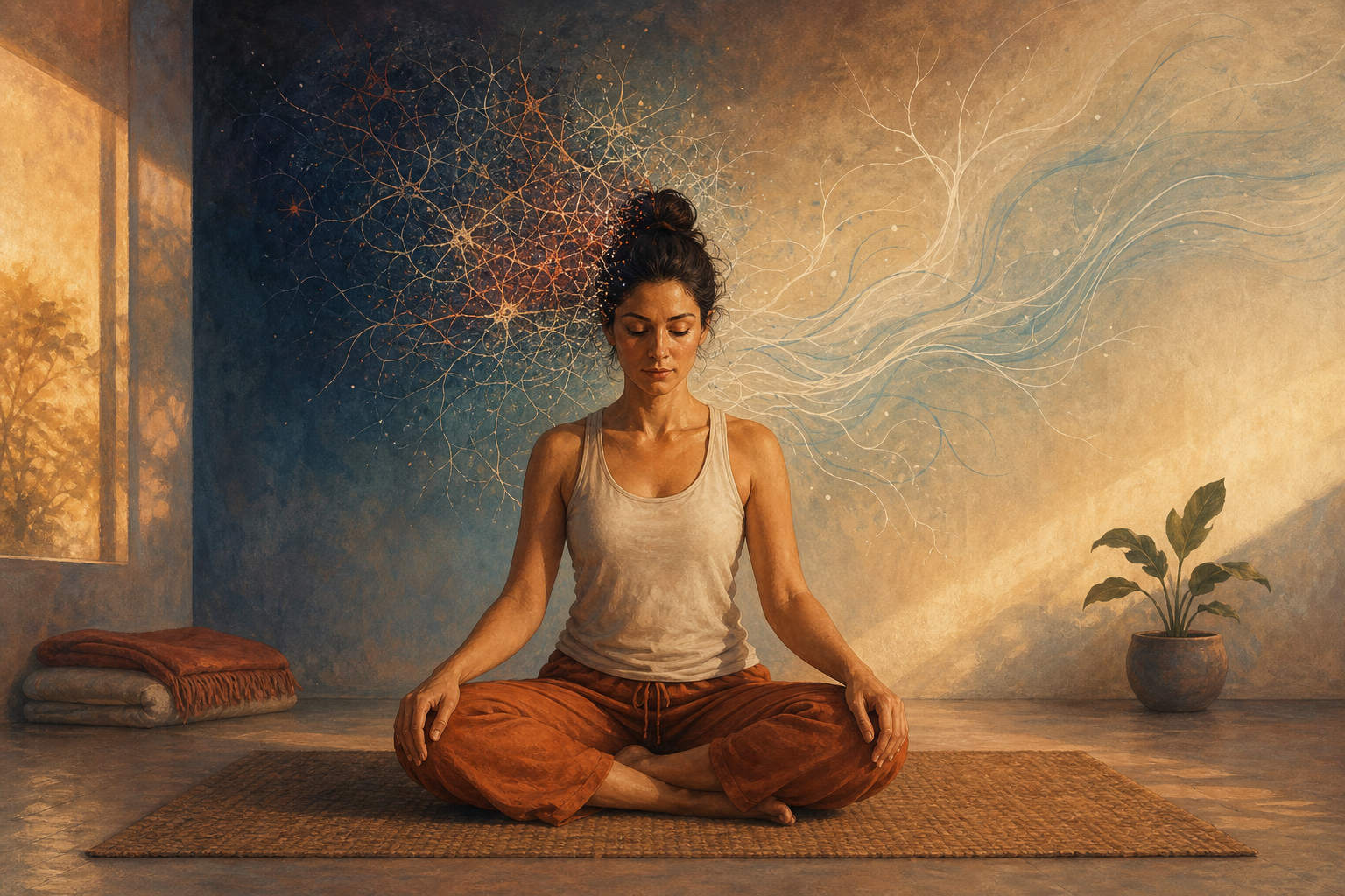 An adult sits in meditation on a yoga mat as translucent neuron-like branches and flowing curves surround the head and upper body.