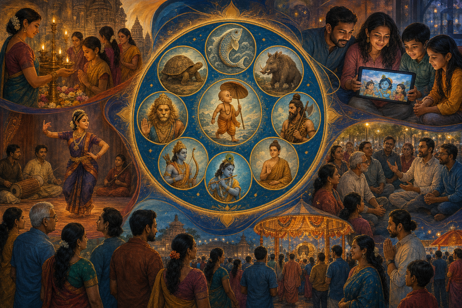 Editorial illustration of Dashavatara symbols surrounded by temple worship, performance, digital media, a public gathering, and a diaspora festival.