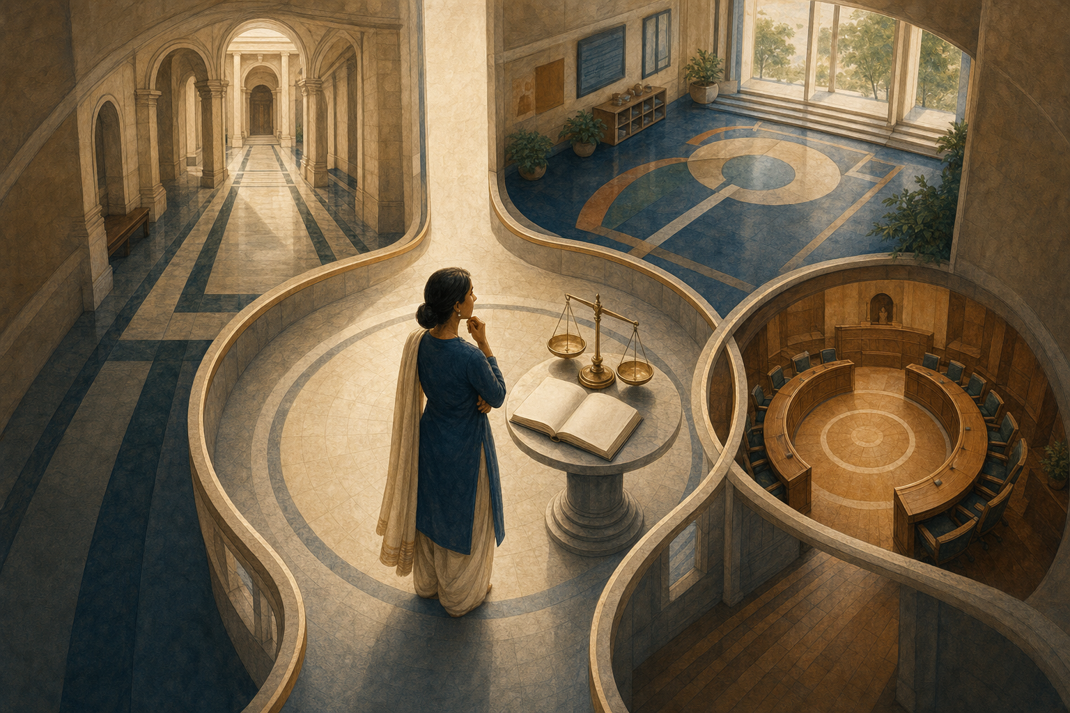 A legal scholar stands beside scales and an open unmarked book in an atrium with separate paths leading to a courthouse, a school, and a council chamber.