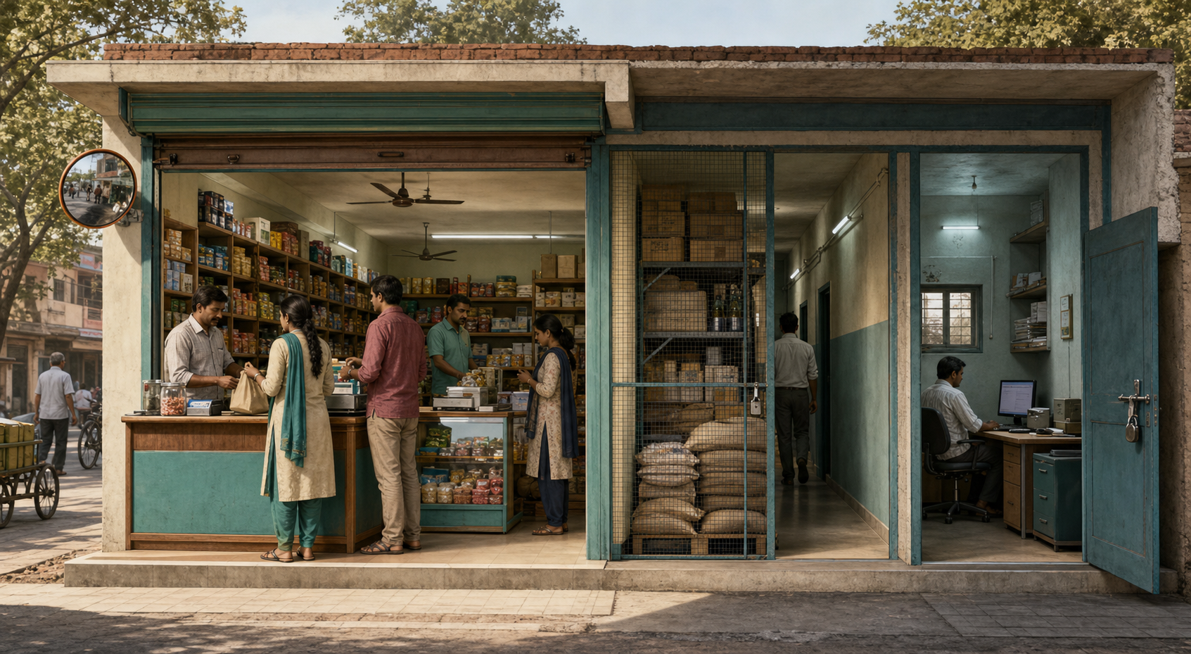 Cutaway illustration of an Indian neighborhood shop with a public sales area, secluded back rooms, workers, customers, and visible safety features.