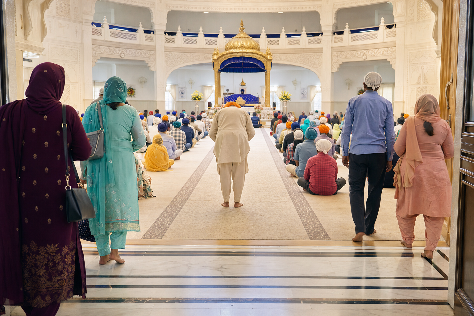 Worshippers with covered heads and bare feet enter a gurdwara prayer hall as one person bows toward Sri Guru Granth Sahib in the distance.